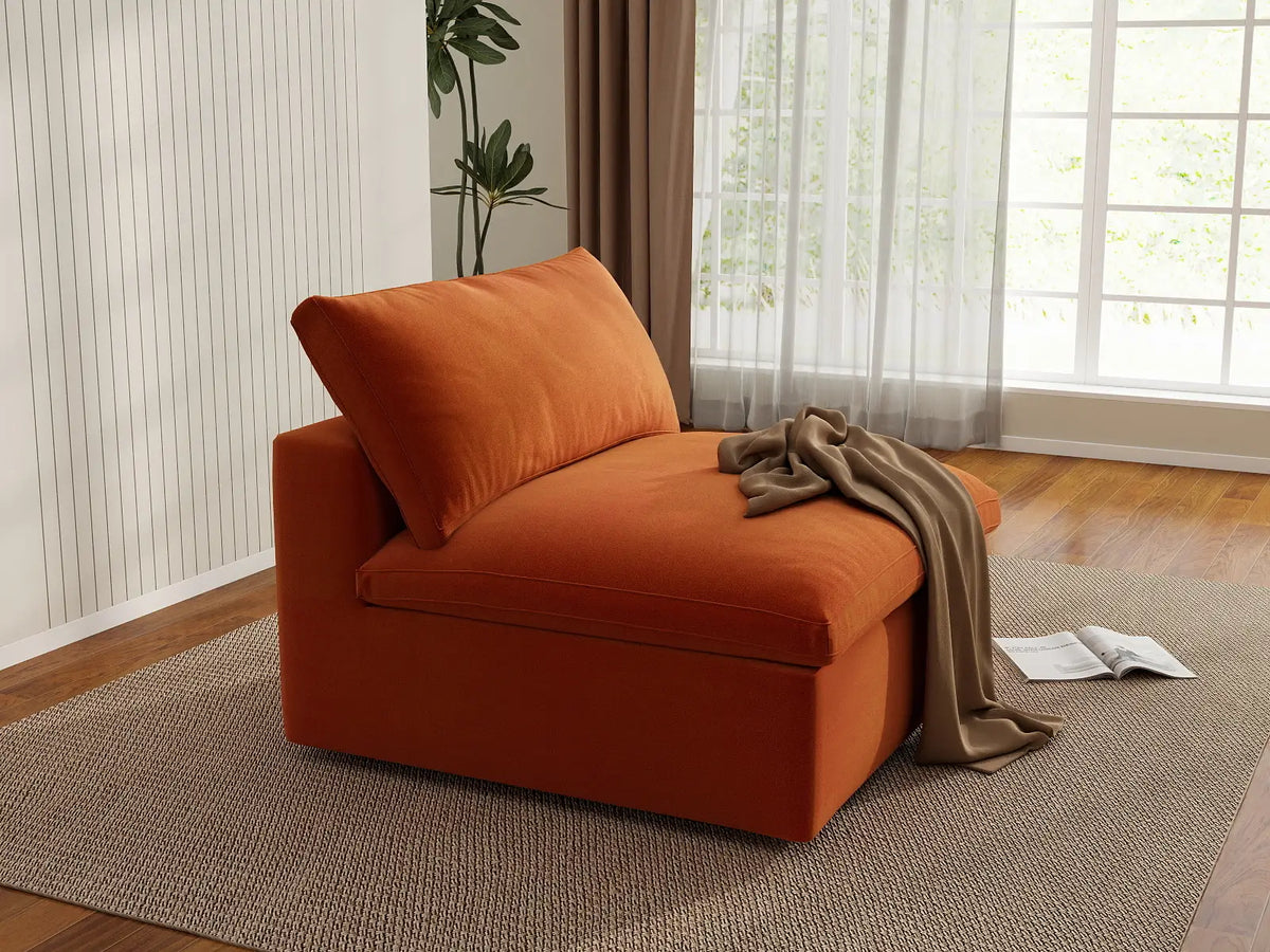 Deluxe Cloud 1-Seater Single Sofa in Orange Velvet | 1-Piece, Living Room Accent, Easy To Clean, Stylish Design