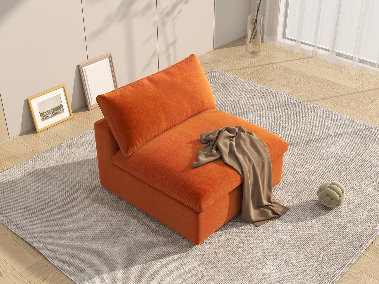 Deluxe Cloud 1-Seater Single Sofa in Orange Velvet | 1-Piece, Living Room Accent, Easy To Clean, Stylish Design