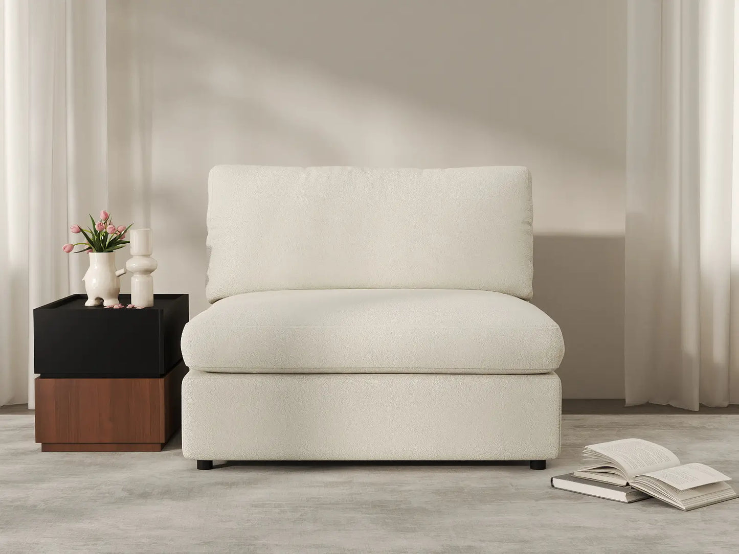 Deluxe Cloud 1-Seater White Small Space Single Sofa | 1-Piece, Bouclé Sherpa-Like Fabric, Living Room Accent, Easy To Clean