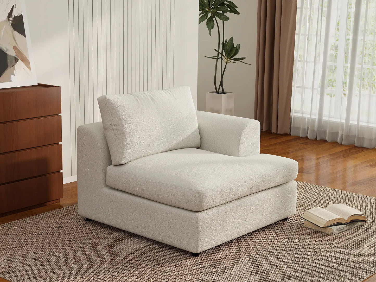 Deluxe Cloud 1-Seater White Small Space Single Sofa | 1-Piece, Bouclé Sherpa-Like Fabric, Living Room Accent, Easy To Clean