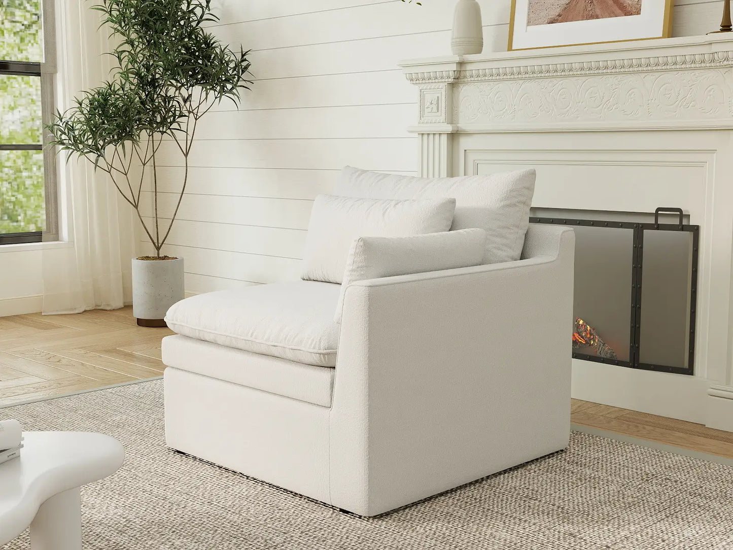 Deluxe Cloud 1-Seater White Small Space Single Sofa | 1-Piece, Linen Look Poly Fabric, Living Room Accent, Easy To Clean