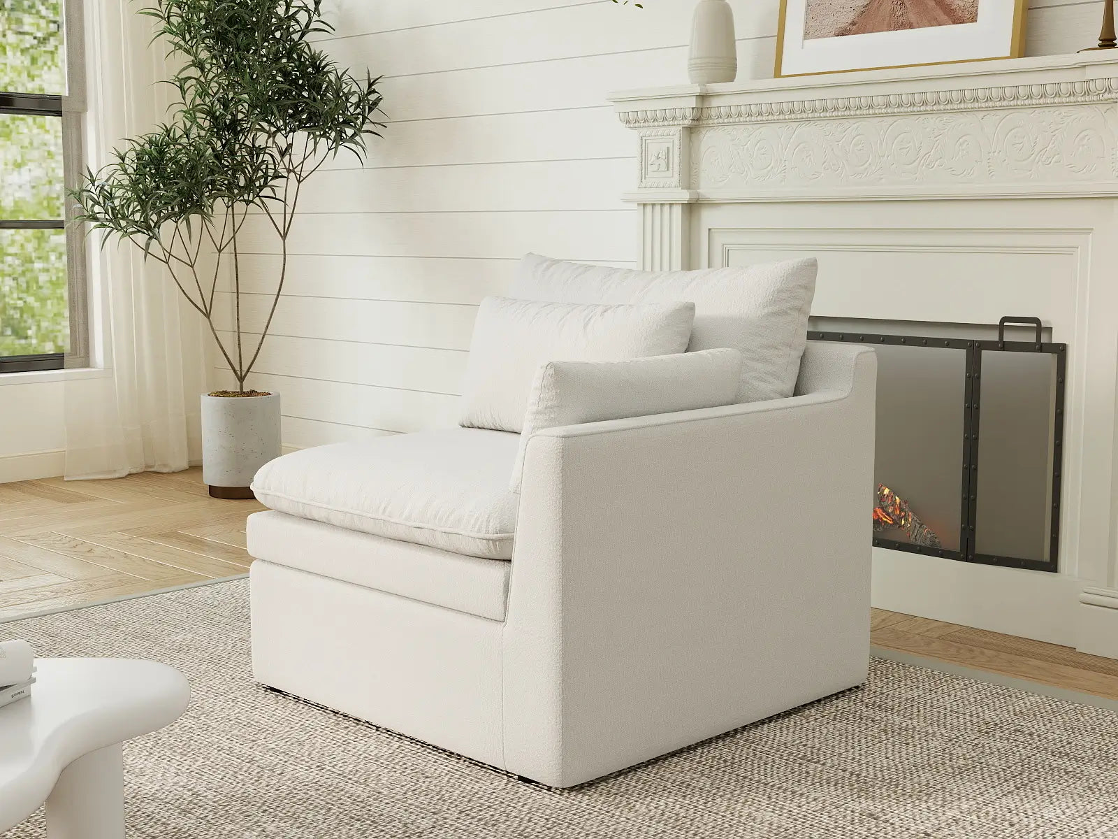Deluxe Cloud 1-Seater White Small Space Single Sofa | 1-Piece, Linen Look Poly Fabric, Living Room Accent, Easy To Clean