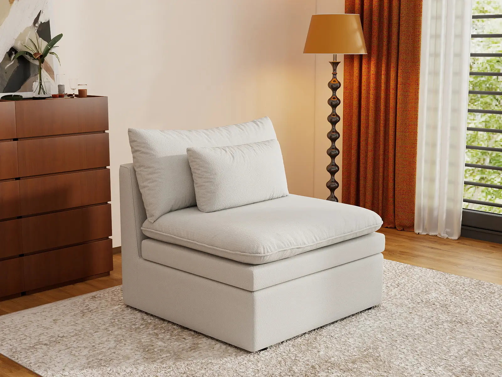 Sofá individual de una plaza Deluxe Cloud, blanco, para espacios pequeños | 1 pieza, tejido de poliéster con aspecto de lino, decorativo para sala de estar, fácil de limpiar