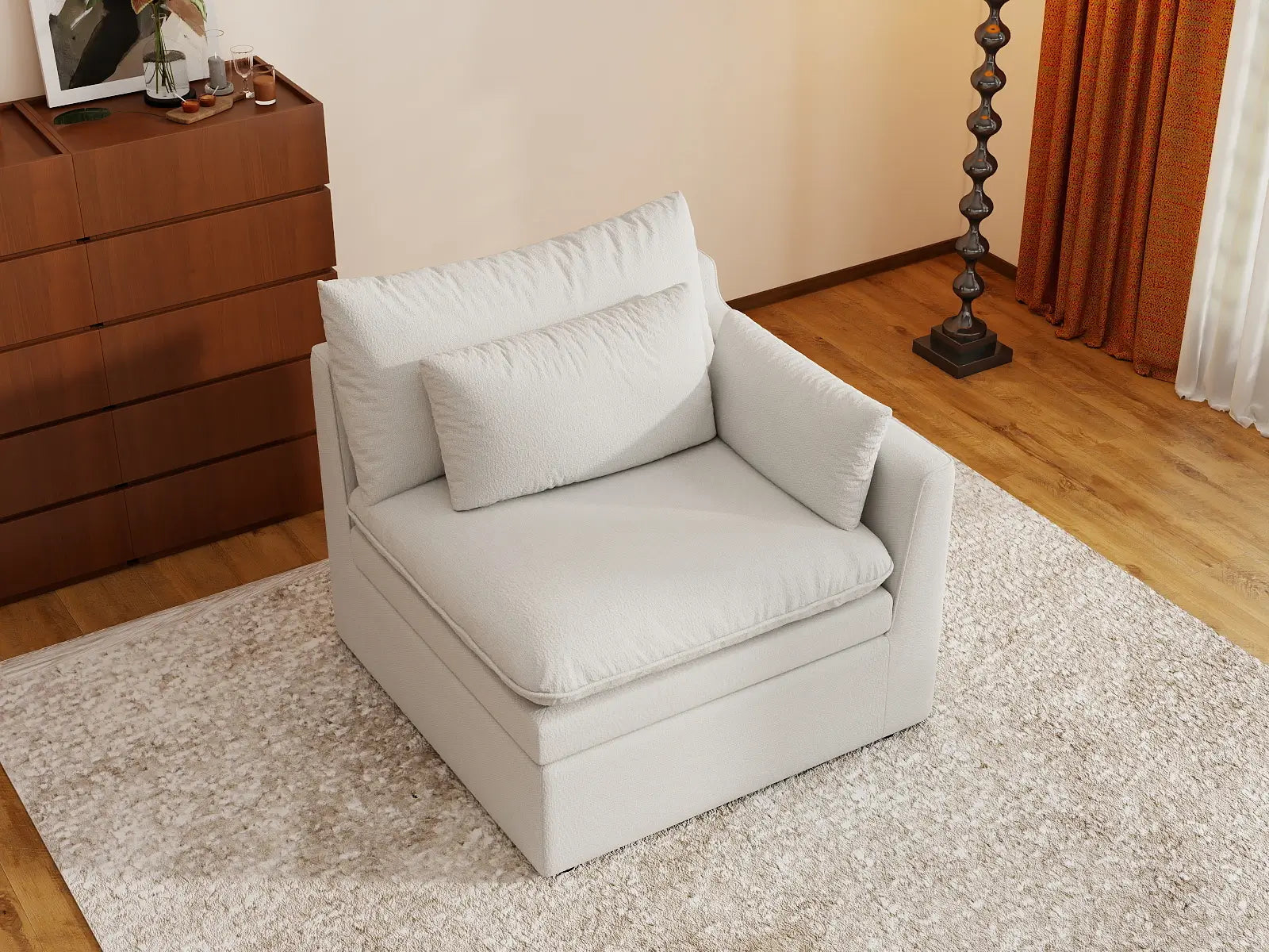 Deluxe Cloud 1-Seater White Small Space Single Sofa | 1-Piece, Linen Look Poly Fabric, Living Room Accent, Easy To Clean