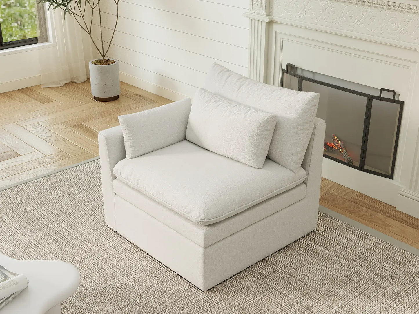 Sofá individual blanco de una plaza Deluxe Cloud para espacios pequeños | 1 pieza, tela de poliéster con aspecto de lino, decorativo para sala de estar, fácil de limpiar