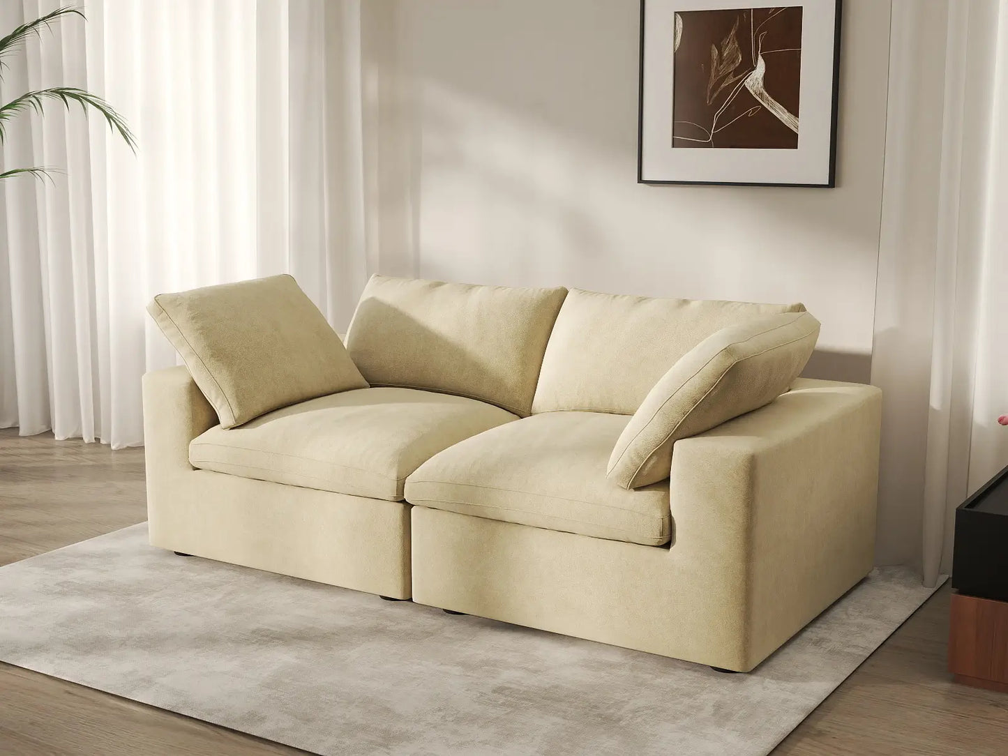 Deluxe Cloud 2-Seater Beige Loveseat | 2-Piece, Velvet Fabric, Small Space Seating, Washable Cushion Covers