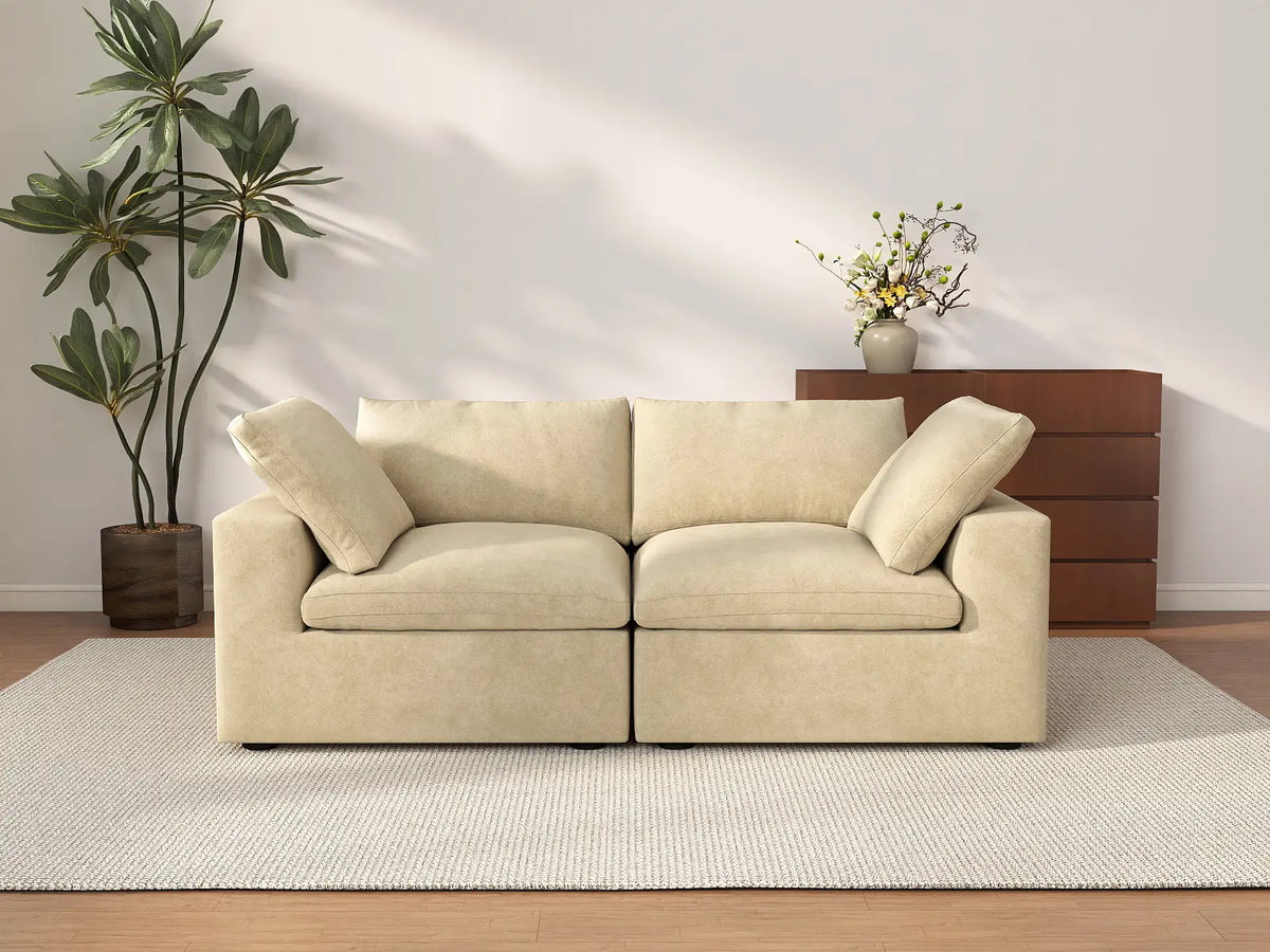 Deluxe Cloud 2-Seater Beige Loveseat | 2-Piece, Velvet Fabric, Small Space Seating, Washable Cushion Covers