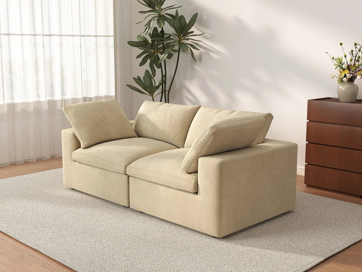 Deluxe Cloud 2-Seater Beige Loveseat | 2-Piece, Velvet Fabric, Small Space Seating, Washable Cushion Covers