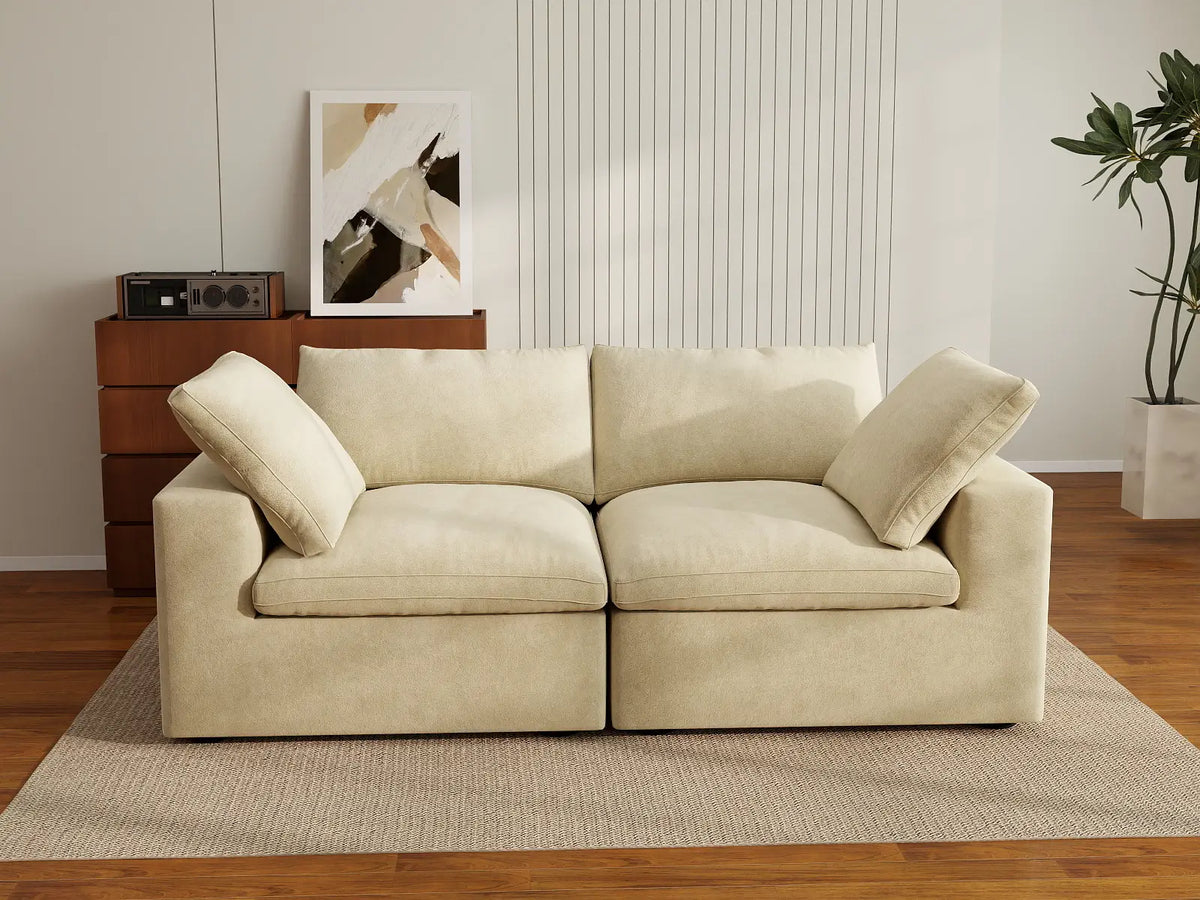 Deluxe Cloud 2-Seater Beige Loveseat | 2-Piece, Velvet Fabric, Small Space Seating, Washable Cushion Covers