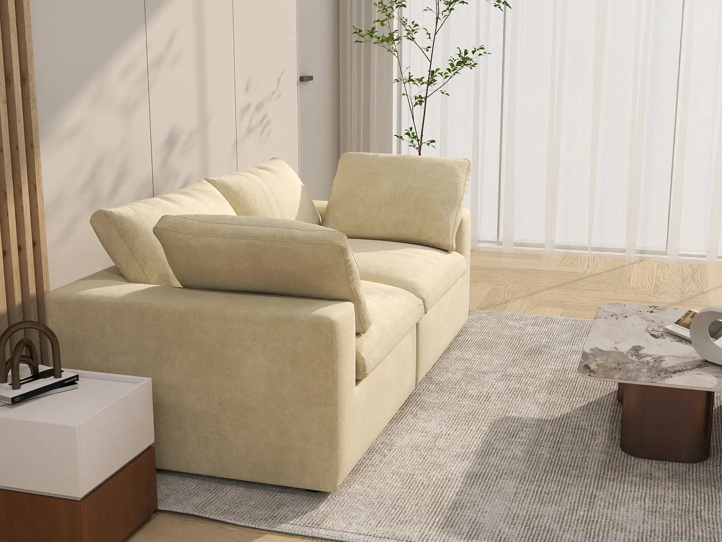 Deluxe Cloud 2-Seater Beige Loveseat | 2-Piece, Velvet Fabric, Small Space Seating, Washable Cushion Covers