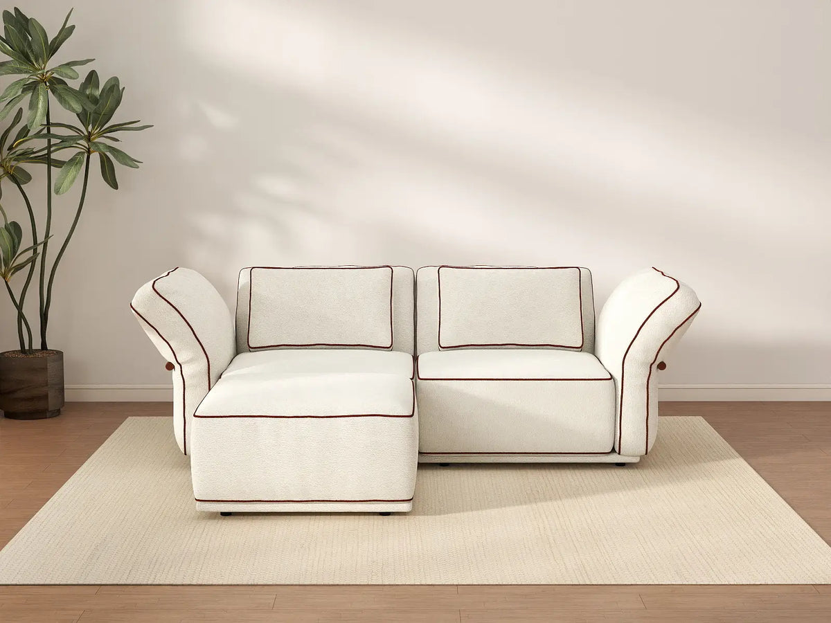Deluxe Cloud 2-Seater Beige Small Space Chaise Sectional | 3-Piece (Includes 1 Ottoman), Bouclé Sherpa-Like Fabric, Easy To Clean
