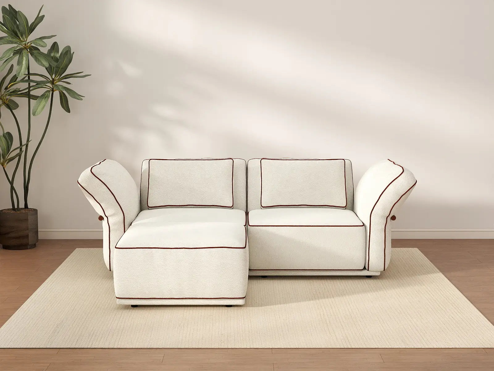 Deluxe Cloud 2-Seater Beige Small Space Chaise Sectional | 3-Piece (Includes 1 Ottoman), Bouclé Sherpa-Like Fabric, Easy To Clean