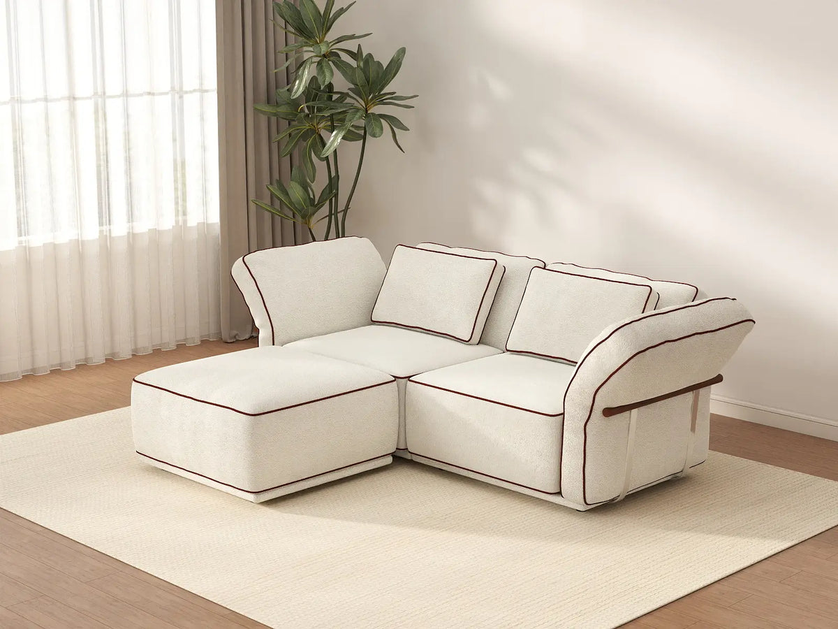 Deluxe Cloud 2-Seater Beige Small Space Chaise Sectional | 3-Piece (Includes 1 Ottoman), Bouclé Sherpa-Like Fabric, Easy To Clean