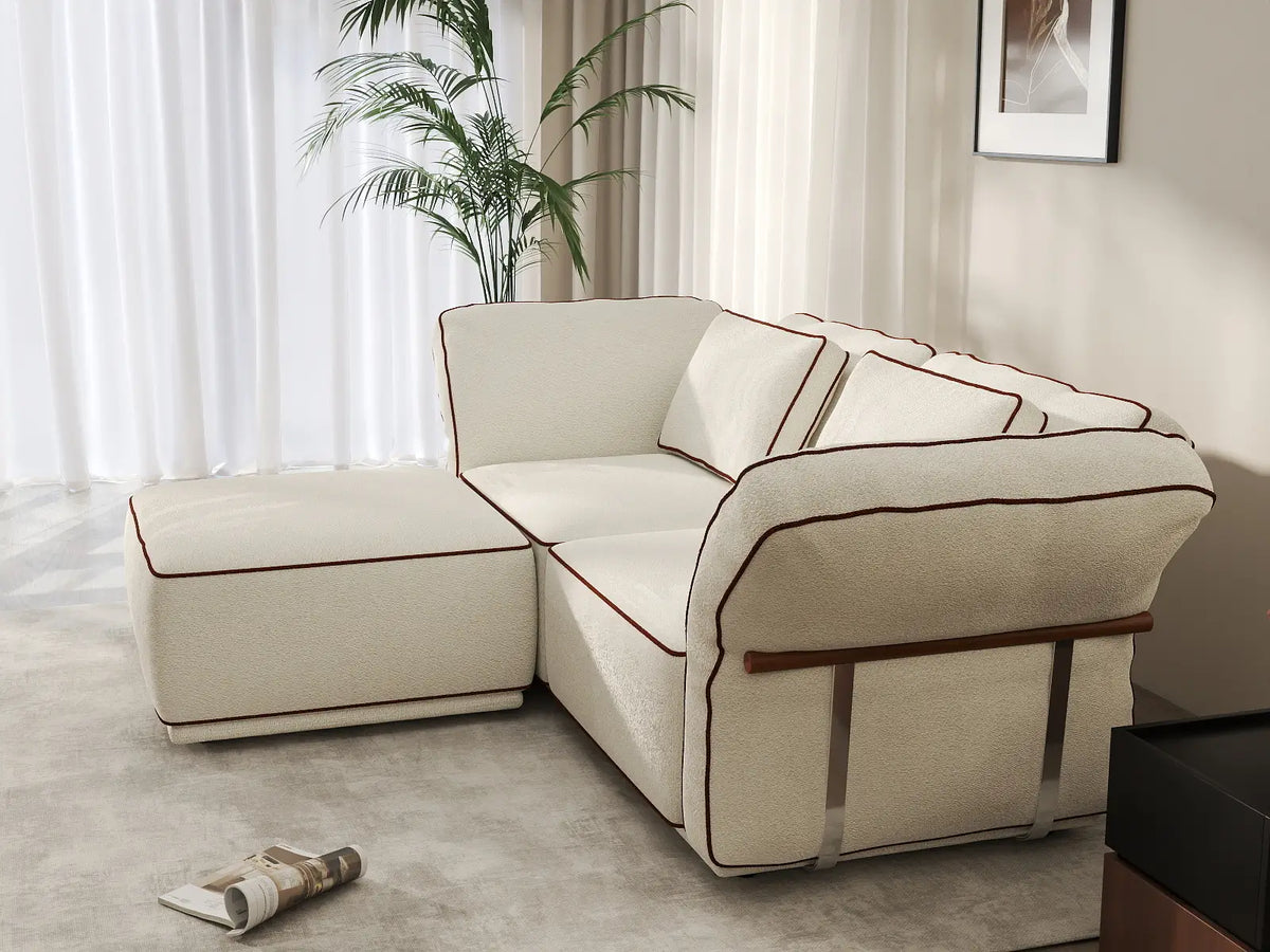 Deluxe Cloud 2-Seater Beige Small Space Chaise Sectional | 3-Piece (Includes 1 Ottoman), Bouclé Sherpa-Like Fabric, Easy To Clean