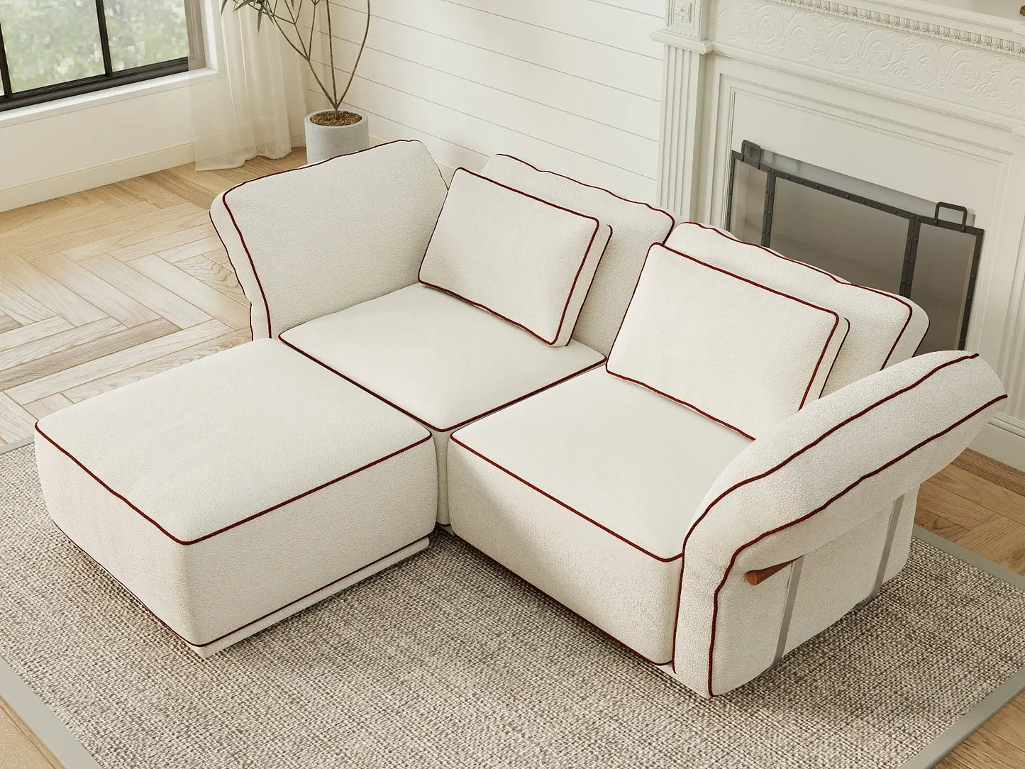 Deluxe Cloud 2-Seater Beige Small Space Chaise Sectional | 3-Piece (Includes 1 Ottoman), Bouclé Sherpa-Like Fabric, Easy To Clean