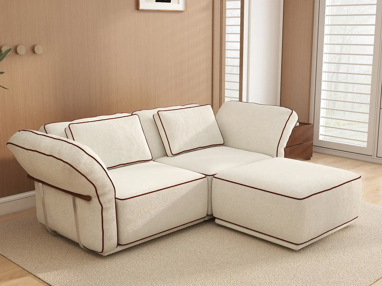 Deluxe Cloud 2-Seater Beige Small Space Chaise Sectional | 3-Piece (Includes 1 Ottoman), Bouclé Sherpa-Like Fabric, Easy To Clean