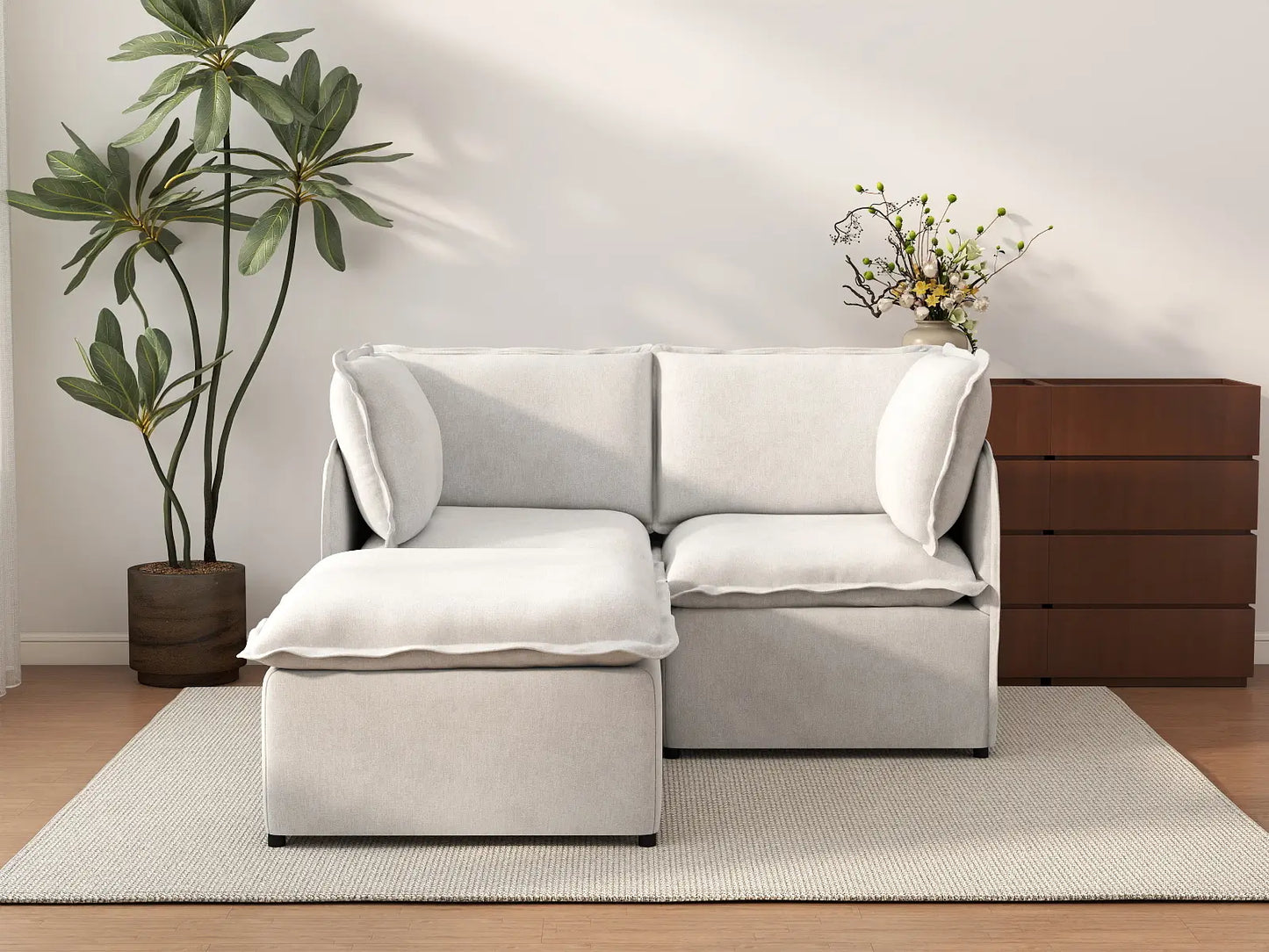 Deluxe Cloud 2-Seater Beige Small Space Chaise Sectional | 3-Piece (Includes 1 Ottoman), Linen Look Poly Fabric, Easy To Clean