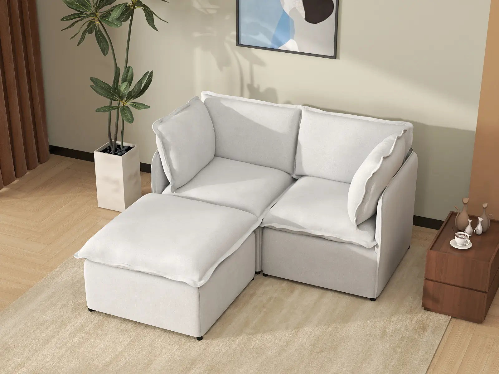 Deluxe Cloud 2-Seater Beige Small Space Chaise Sectional | 3-Piece (Includes 1 Ottoman), Linen Look Poly Fabric, Easy To Clean