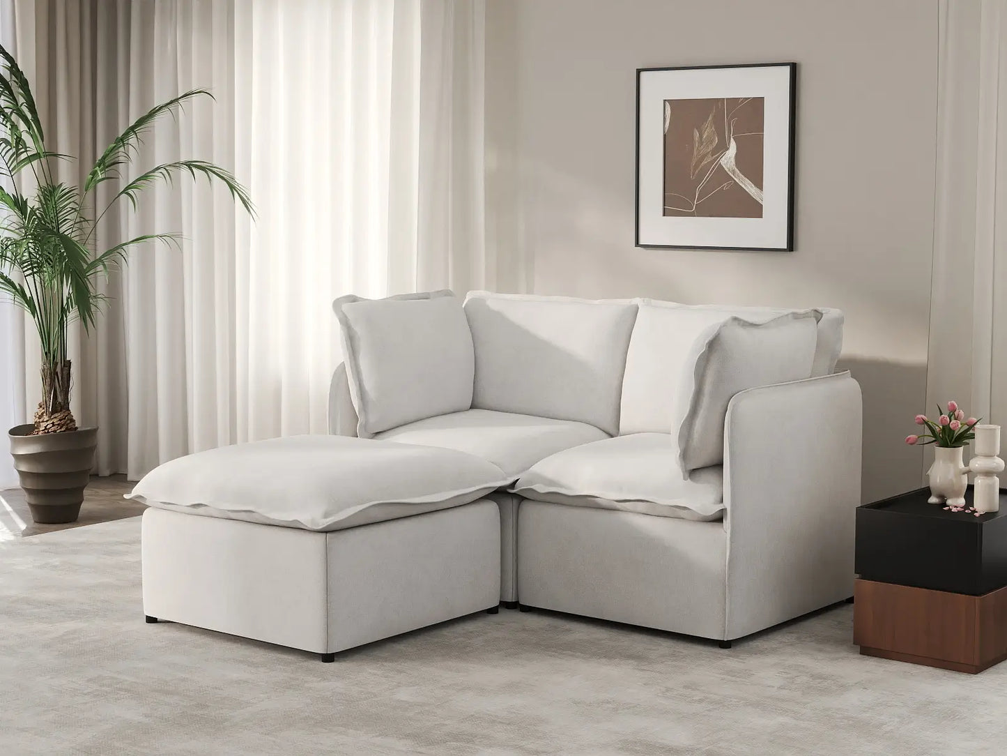 Deluxe Cloud 2-Seater Beige Small Space Chaise Sectional | 3-Piece (Includes 1 Ottoman), Linen Look Poly Fabric, Easy To Clean