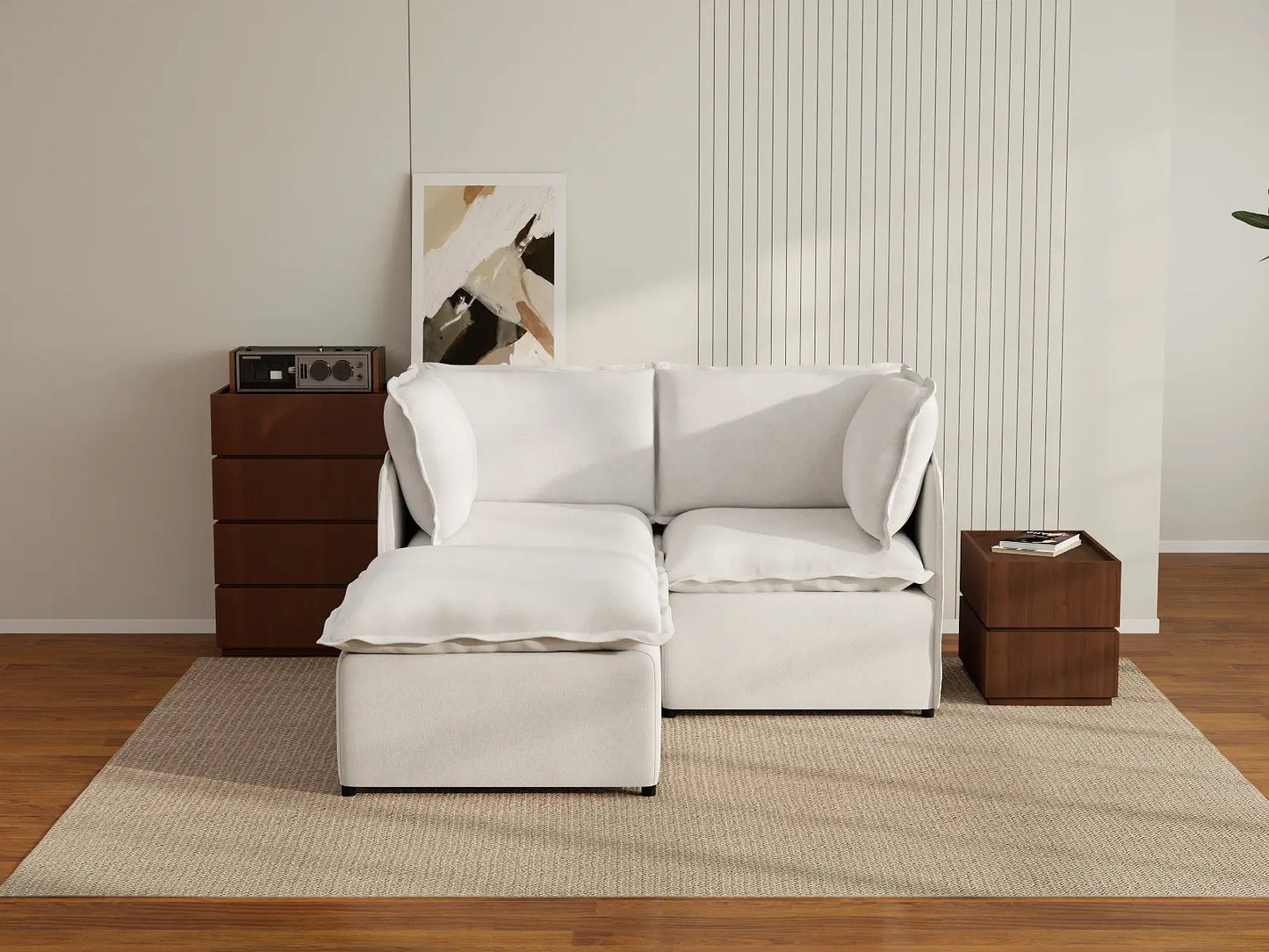 Deluxe Cloud 2-Seater Beige Small Space Chaise Sectional | 3-Piece (Includes 1 Ottoman), Linen Look Poly Fabric, Easy To Clean