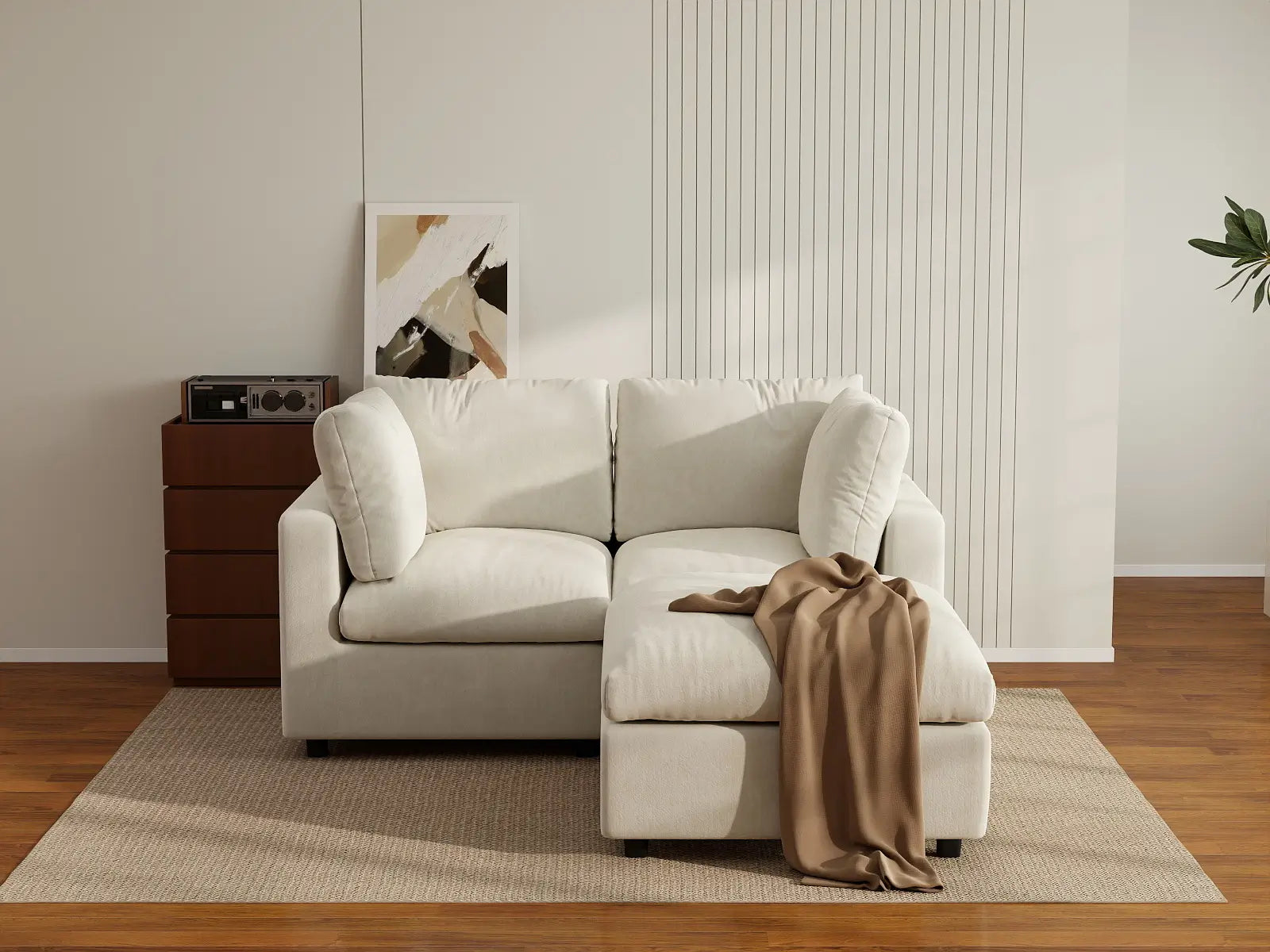 Seccional Chaise Nube Deluxe para 2 Asientos en Beige para Espacios Pequeños | 3 Piezas (Incluye 1 Otomana), Tela de Chenilla Mezcla de Lino, Fácil de Limpiar