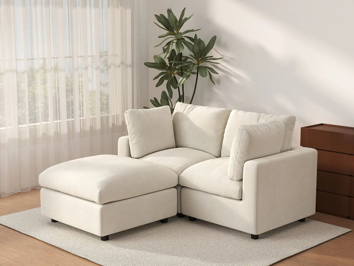 Seccional Chaise Nube Deluxe para 2 Asientos en Beige para Espacios Pequeños | 3 Piezas (Incluye 1 Otomana), Tela de Chenilla Mezcla de Lino, Fácil de Limpiar
