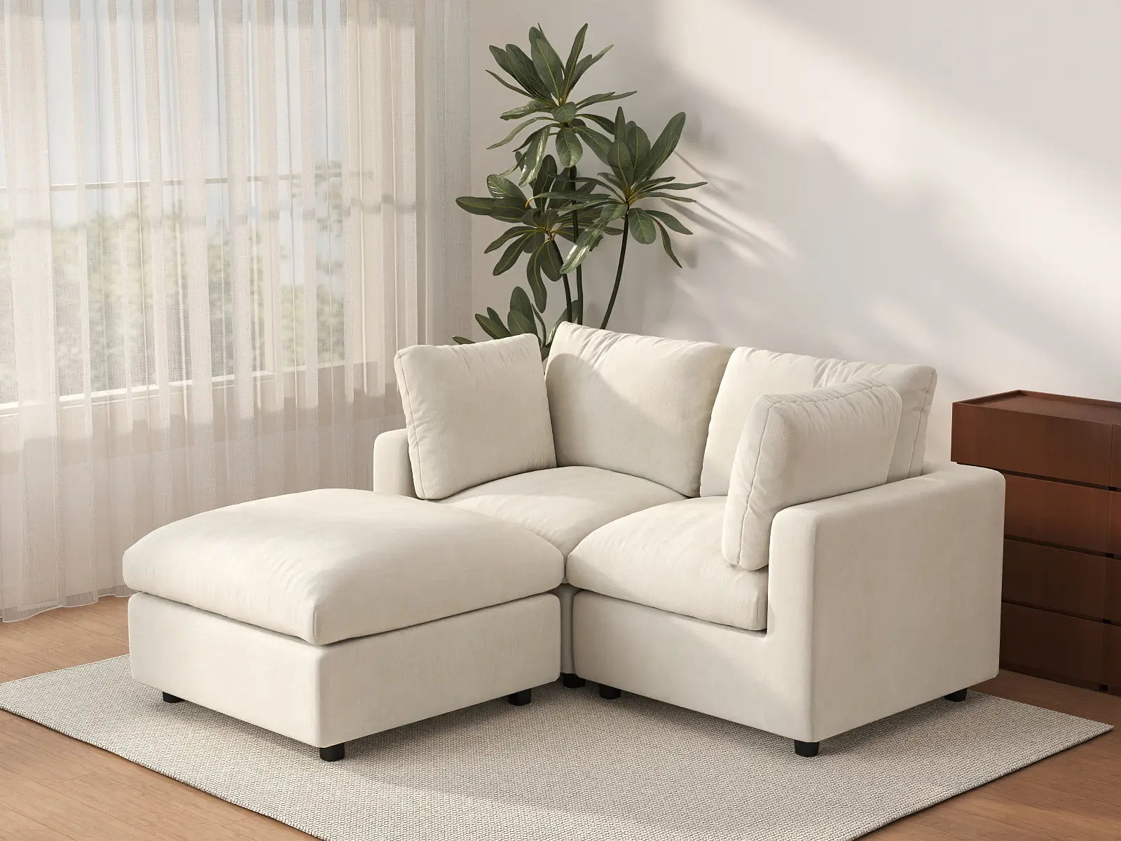 Seccional Chaise Nube Deluxe para 2 Asientos en Beige para Espacios Pequeños | 3 Piezas (Incluye 1 Otomana), Tela de Chenilla Mezcla de Lino, Fácil de Limpiar