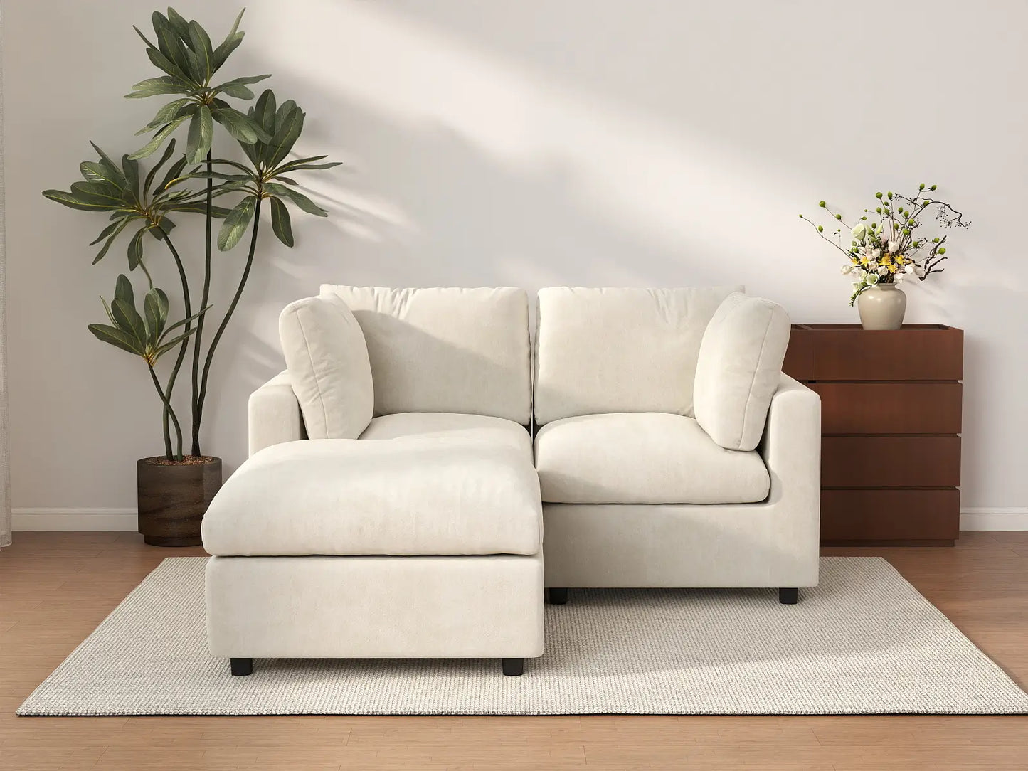 Seccional Chaise Nube Deluxe para 2 Asientos en Beige para Espacios Pequeños | 3 Piezas (Incluye 1 Otomana), Tela de Chenilla Mezcla de Lino, Fácil de Limpiar