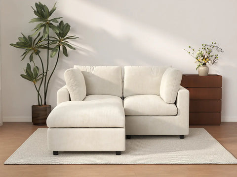 Seccional Chaise Nube Deluxe para 2 Asientos en Beige para Espacios Pequeños | 3 Piezas (Incluye 1 Otomana), Tela de Chenilla Mezcla de Lino, Fácil de Limpiar