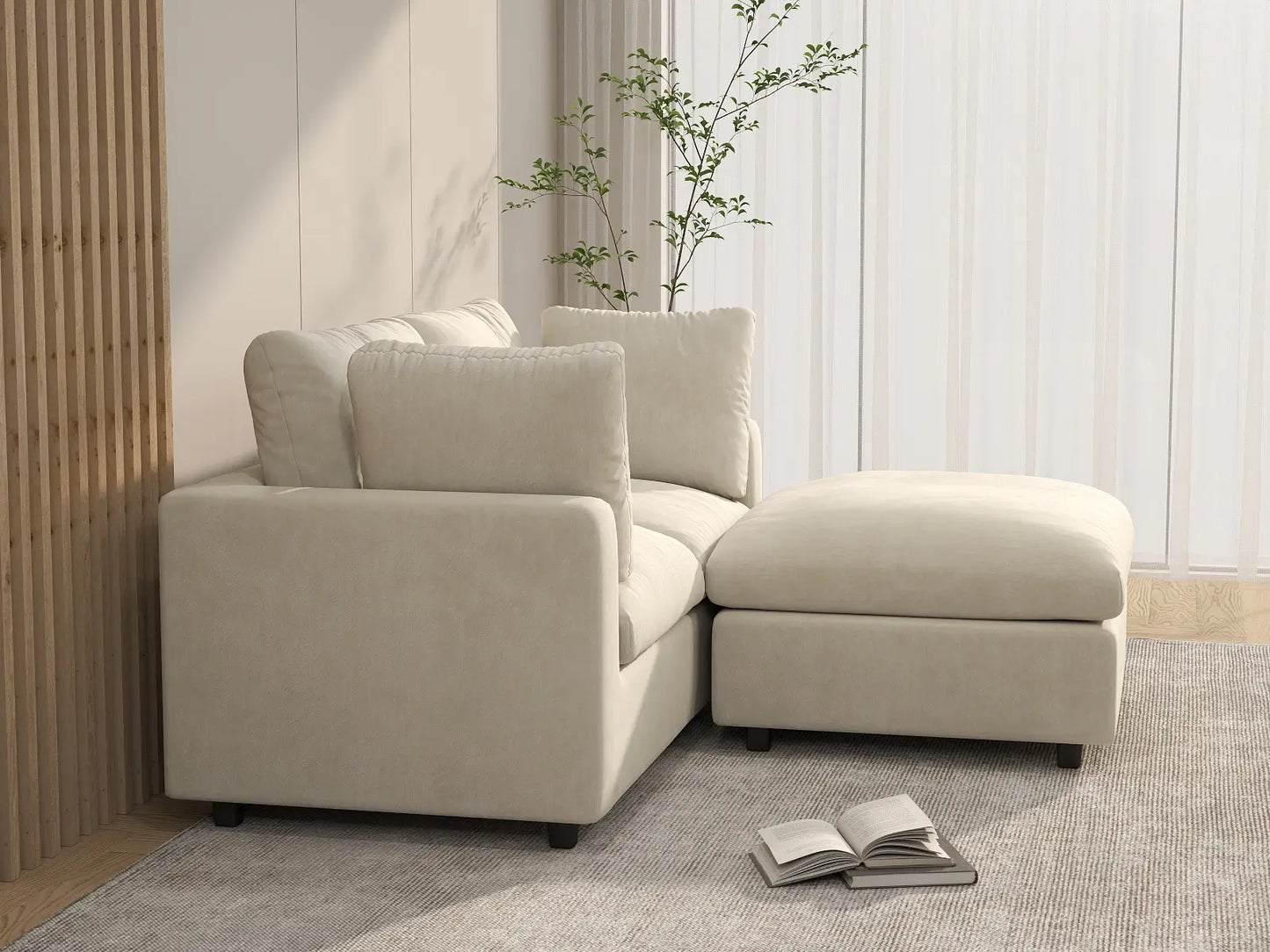 Seccional Chaise Nube Deluxe para 2 Asientos en Beige para Espacios Pequeños | 3 Piezas (Incluye 1 Otomana), Tela de Chenilla Mezcla de Lino, Fácil de Limpiar