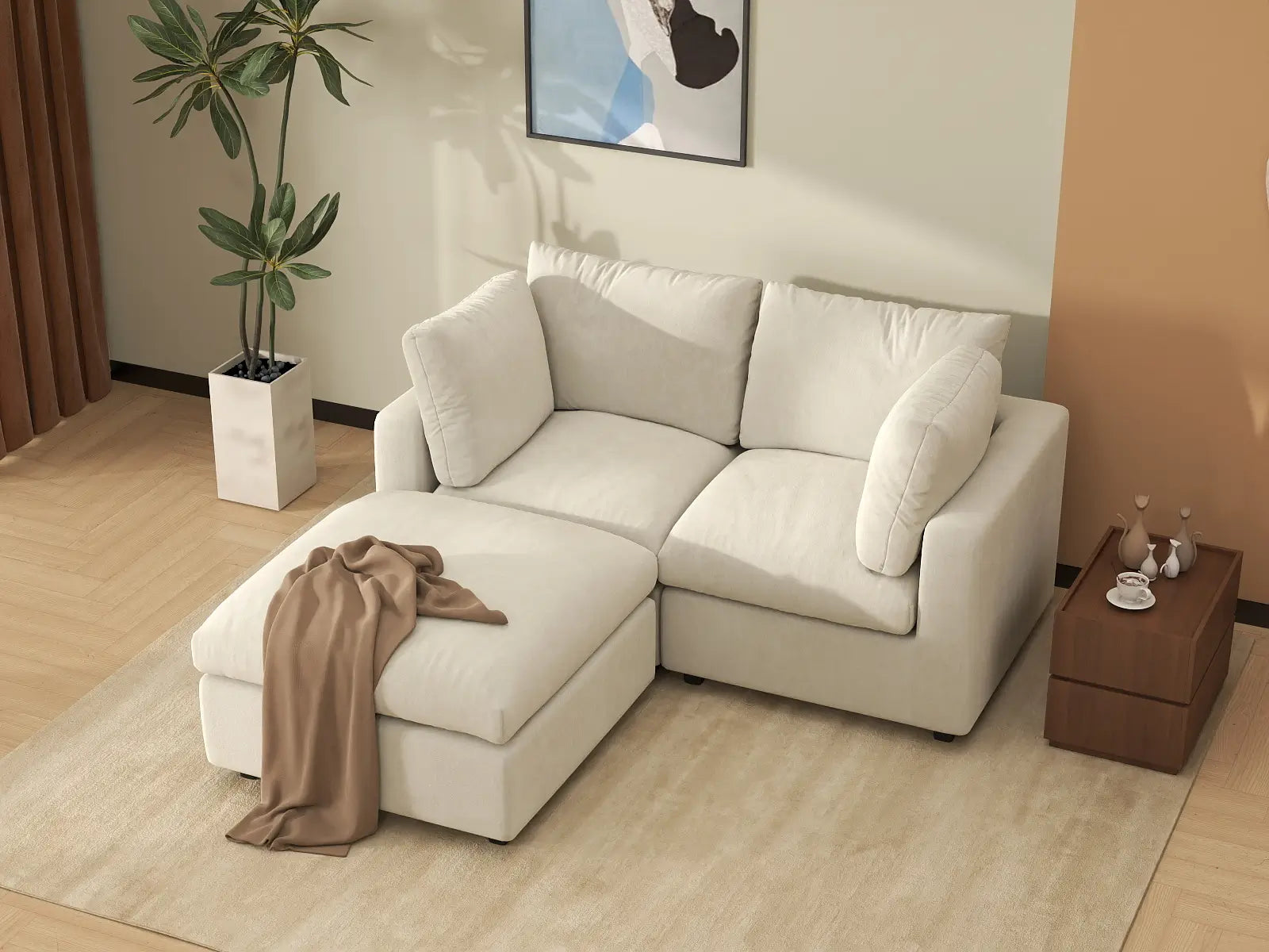 Seccional Chaise Nube Deluxe para 2 Asientos en Beige para Espacios Pequeños | 3 Piezas (Incluye 1 Otomana), Tela de Chenilla Mezcla de Lino, Fácil de Limpiar
