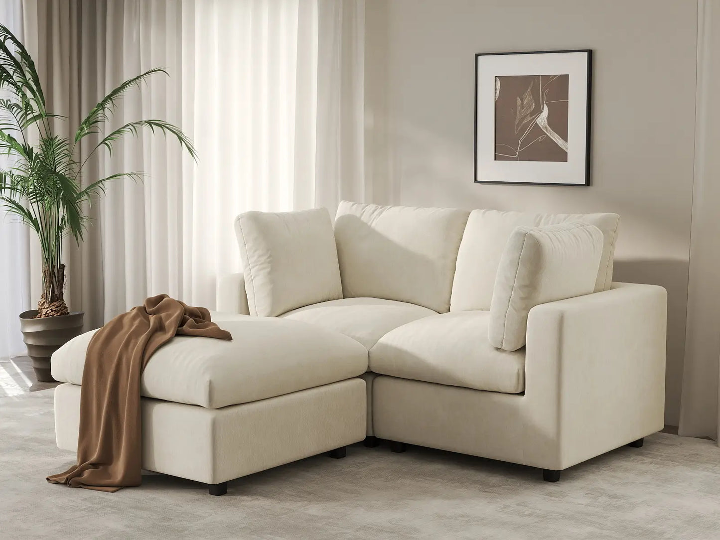 Seccional Chaise Nube Deluxe para 2 Asientos en Beige para Espacios Pequeños | 3 Piezas (Incluye 1 Otomana), Tela de Chenilla Mezcla de Lino, Fácil de Limpiar