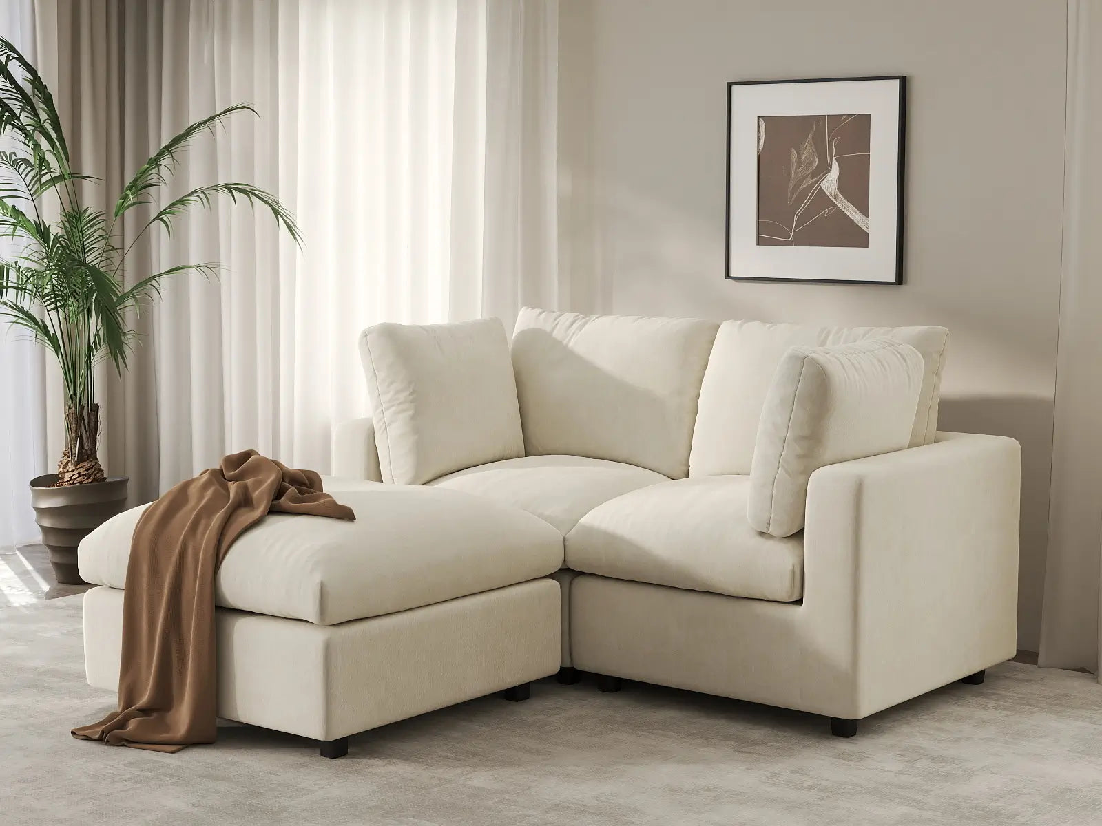 Seccional Chaise Nube Deluxe para 2 Asientos en Beige para Espacios Pequeños | 3 Piezas (Incluye 1 Otomana), Tela de Chenilla Mezcla de Lino, Fácil de Limpiar