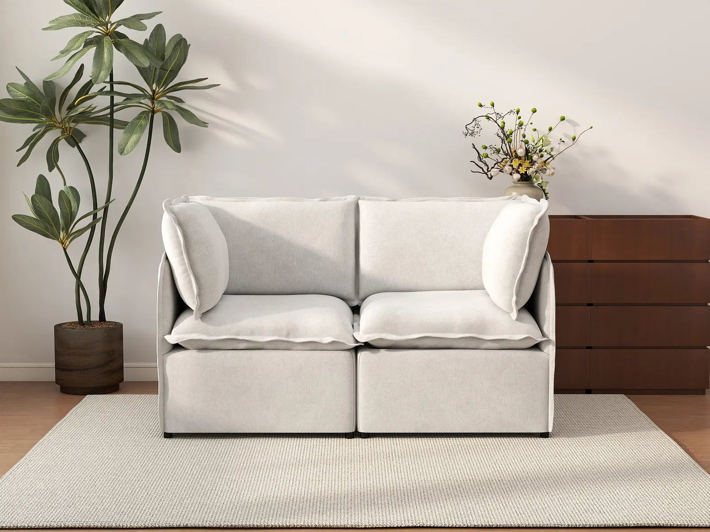 Deluxe Cloud 2-Seater Beige Small Space Loveseat | 2-Piece, Linen Look Poly Fabric, Easy To Clean