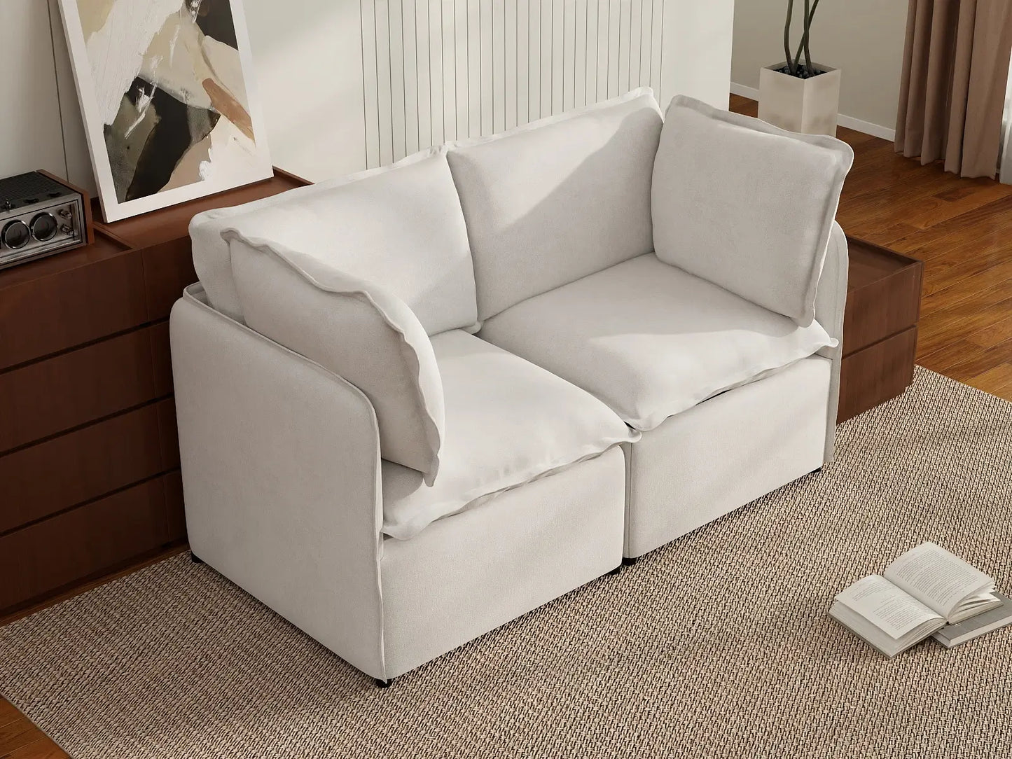 Deluxe Cloud 2-Seater Beige Small Space Loveseat | 2-Piece, Linen Look Poly Fabric, Easy To Clean