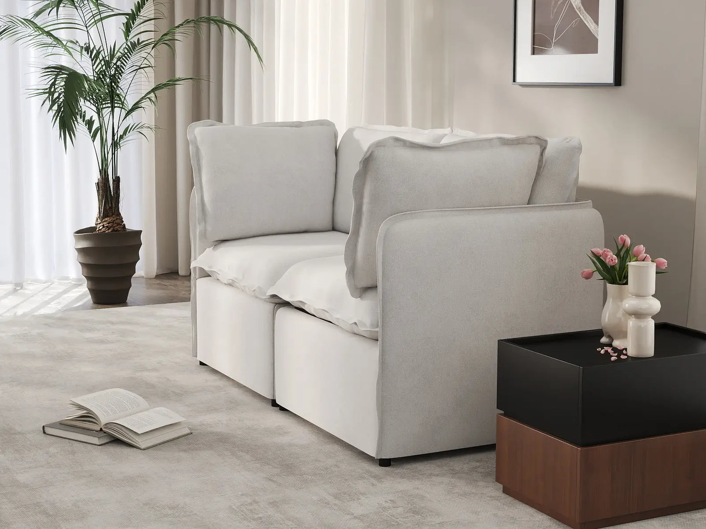 Deluxe Cloud 2-Seater Beige Small Space Loveseat | 2-Piece, Linen Look Poly Fabric, Easy To Clean
