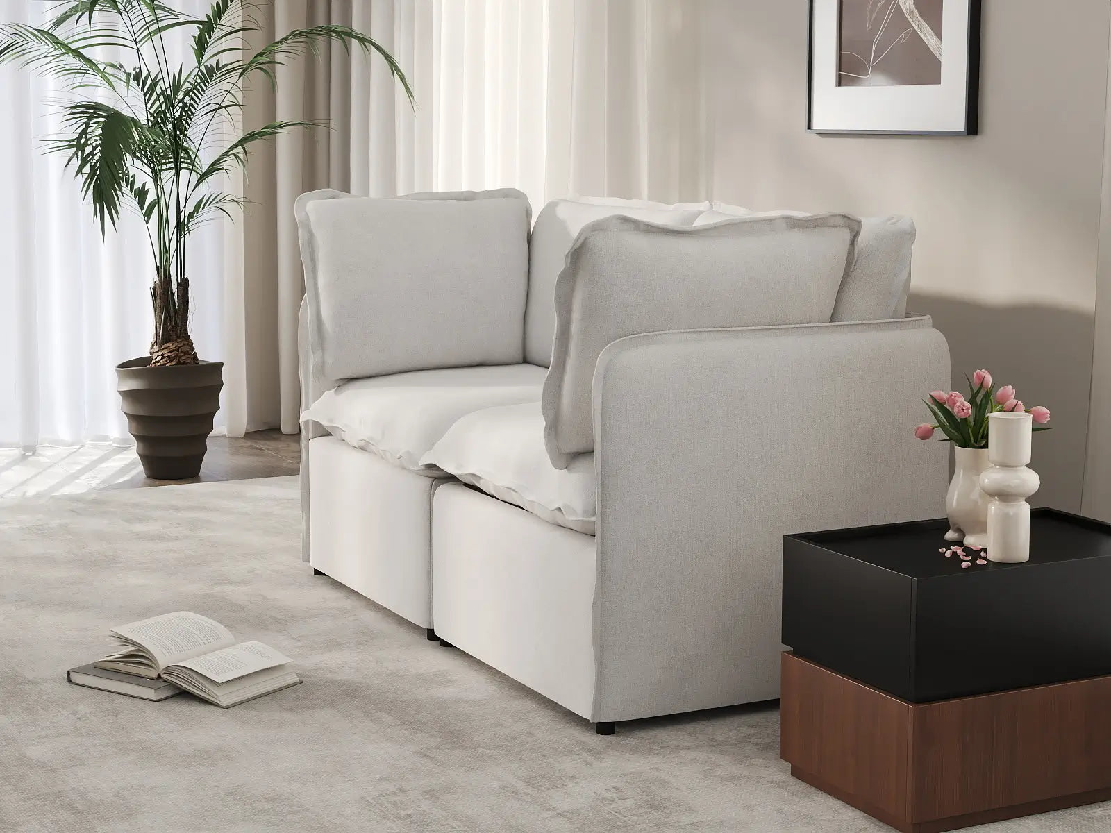 Deluxe Cloud 2-Seater Beige Small Space Loveseat | 2-Piece, Linen Look Poly Fabric, Easy To Clean