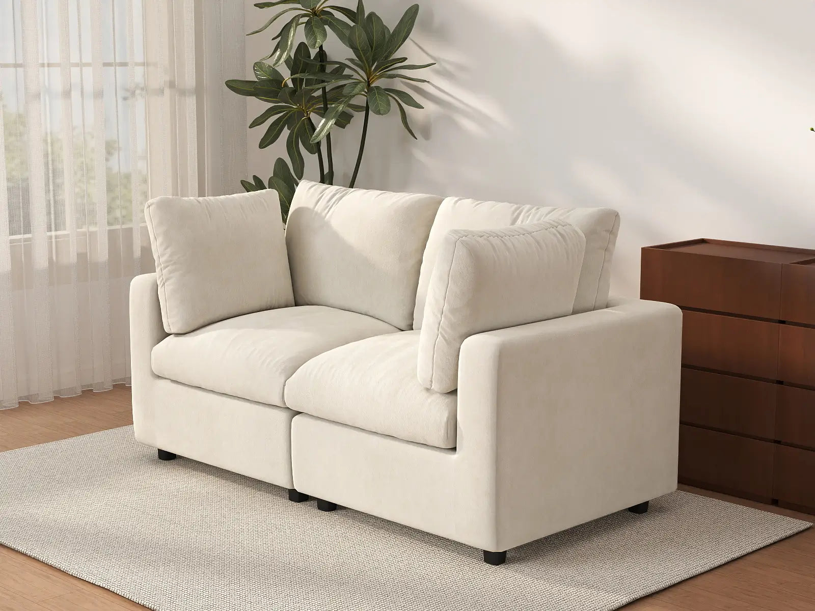 Sofá de dos plazas Deluxe Cloud beige para espacios pequeños | 2 piezas, tela de chenilla con mezcla de lino, fácil de limpiar