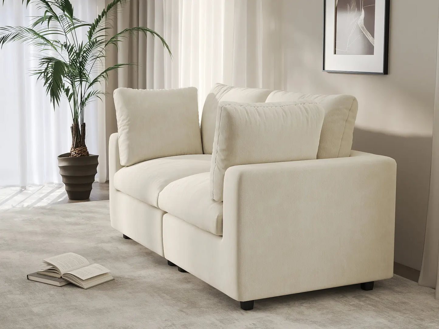 Sofá de dos plazas Deluxe Cloud beige para espacios pequeños | 2 piezas, tela de chenilla con mezcla de lino, fácil de limpiar
