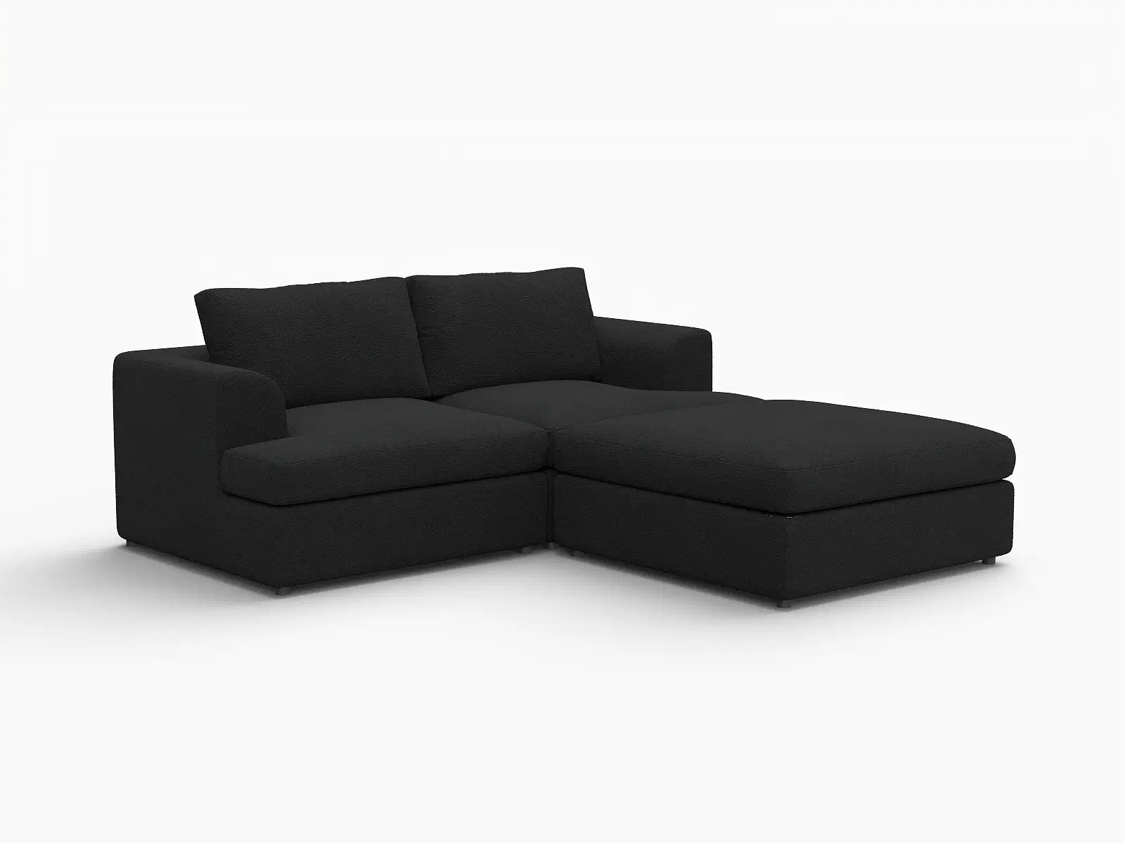 Deluxe Cloud 2-Seater Black Chaise Sectional | 3-Piece (Includes 1 Ottoman), Bouclé Sherpa-Like Fabric, Washable Cushion Covers