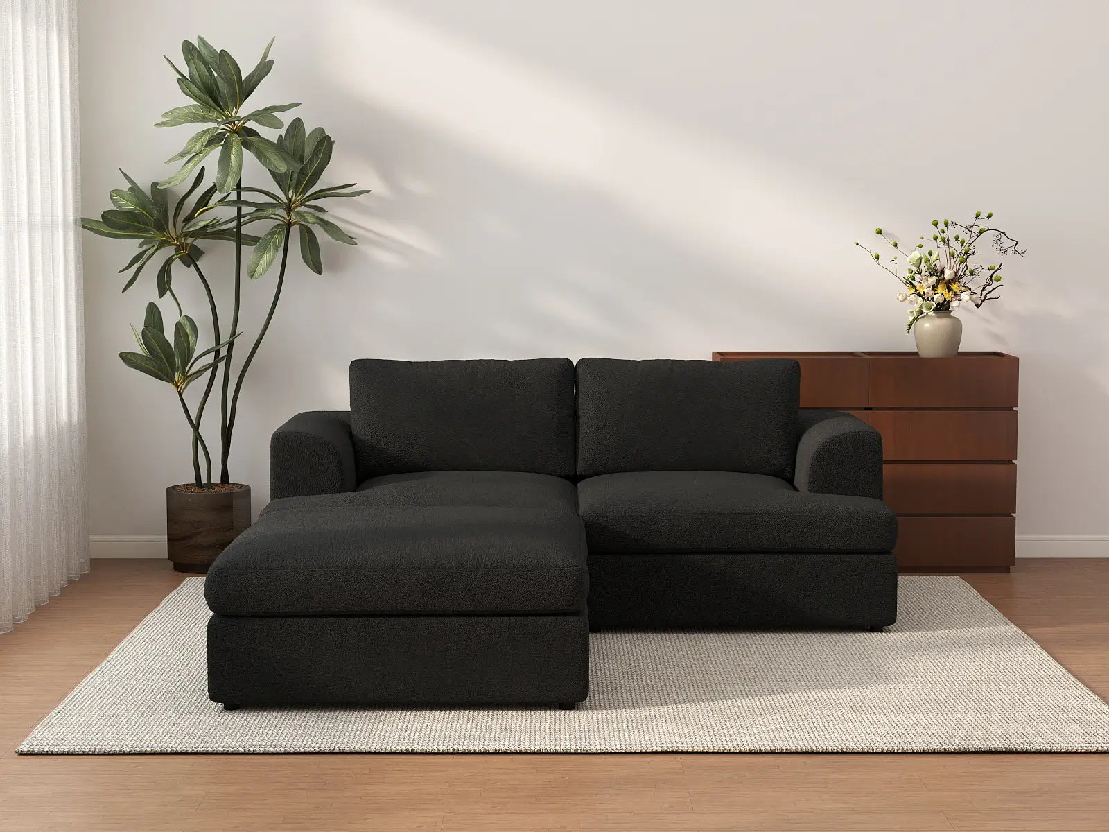 Deluxe Cloud 2-Seater Black Chaise Sectional | 3-Piece (Includes 1 Ottoman), Bouclé Sherpa-Like Fabric, Washable Cushion Covers