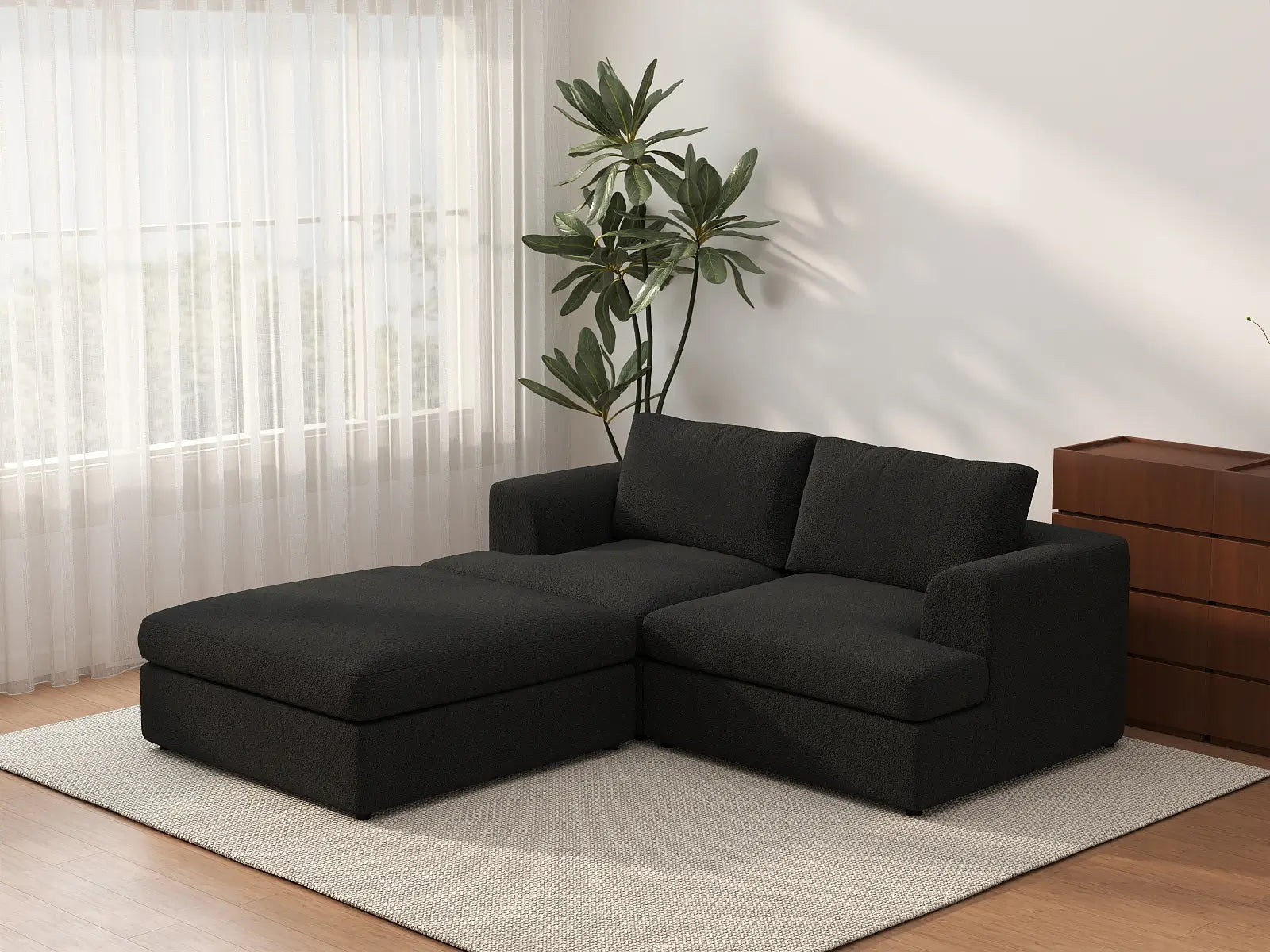 Deluxe Cloud 2-Seater Black Chaise Sectional | 3-Piece (Includes 1 Ottoman), Bouclé Sherpa-Like Fabric, Washable Cushion Covers