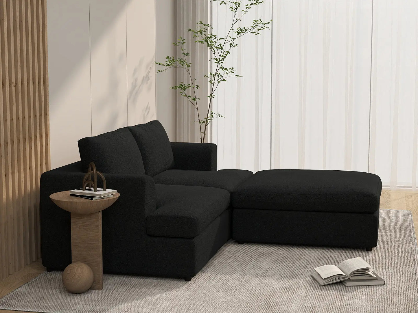 Deluxe Cloud 2-Seater Black Chaise Sectional | 3-Piece (Includes 1 Ottoman), Bouclé Sherpa-Like Fabric, Washable Cushion Covers