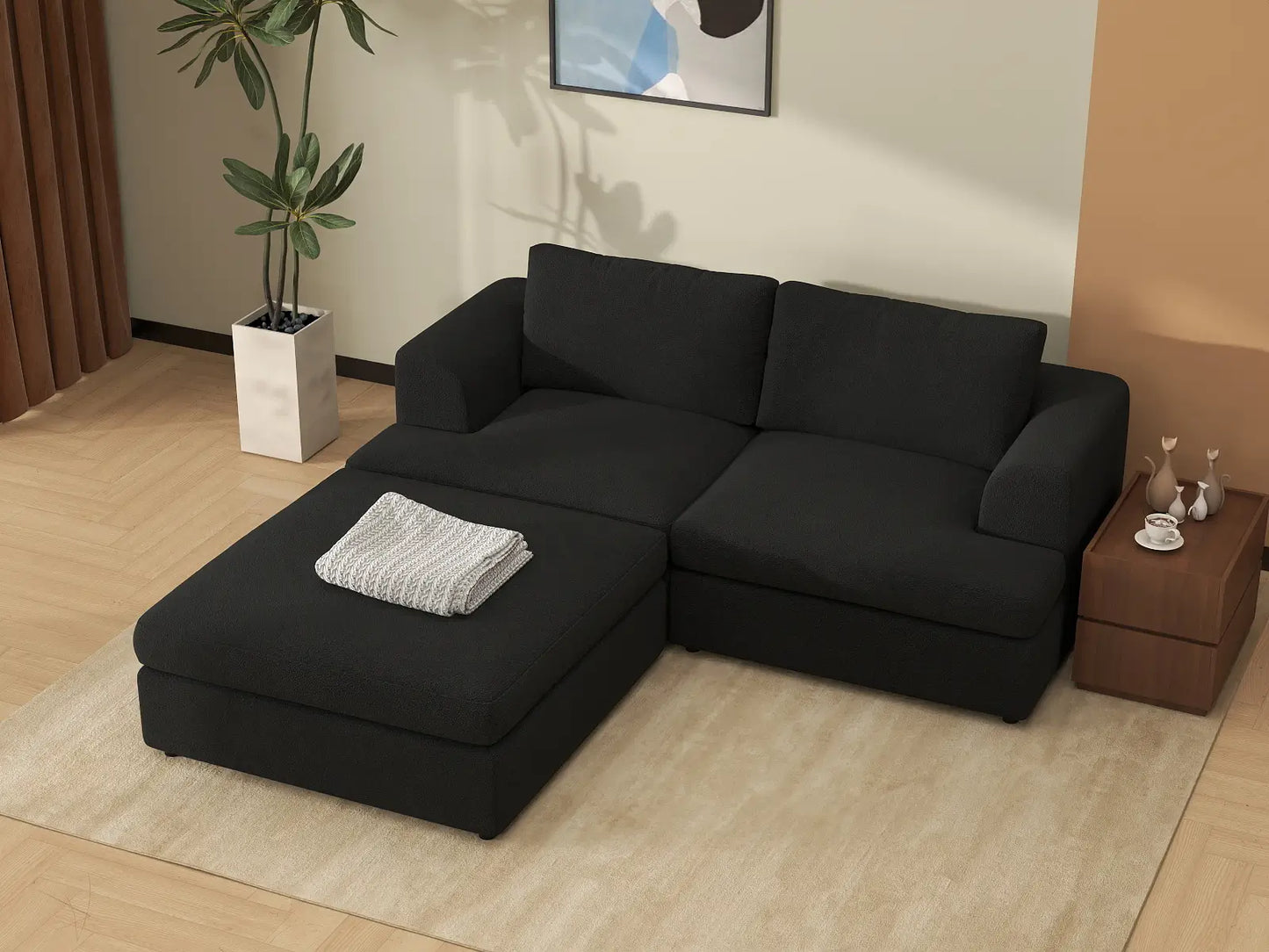Deluxe Cloud 2-Seater Black Chaise Sectional | 3-Piece (Includes 1 Ottoman), Bouclé Sherpa-Like Fabric, Washable Cushion Covers