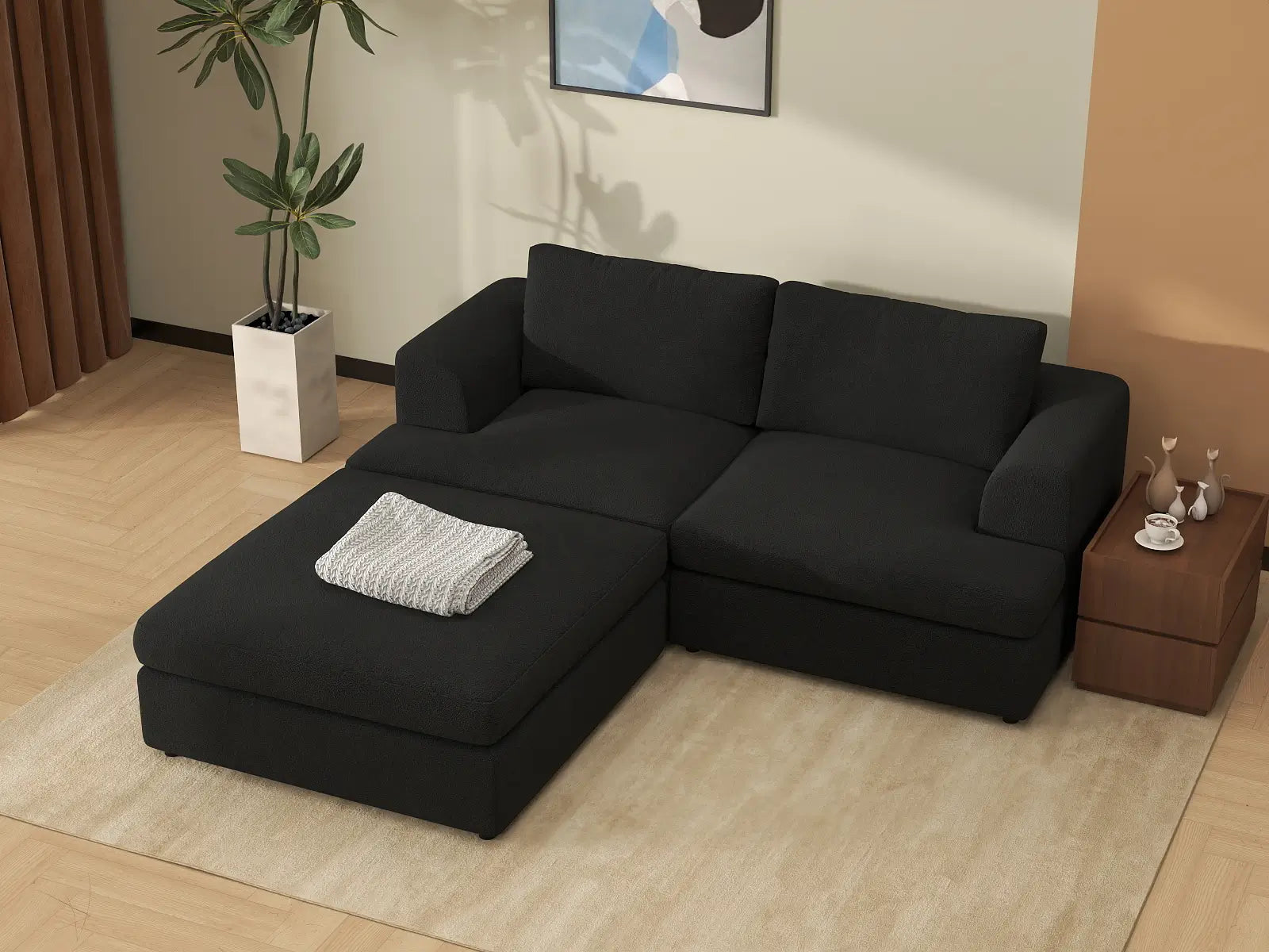 Deluxe Cloud 2-Seater Black Chaise Sectional | 3-Piece (Includes 1 Ottoman), Bouclé Sherpa-Like Fabric, Washable Cushion Covers