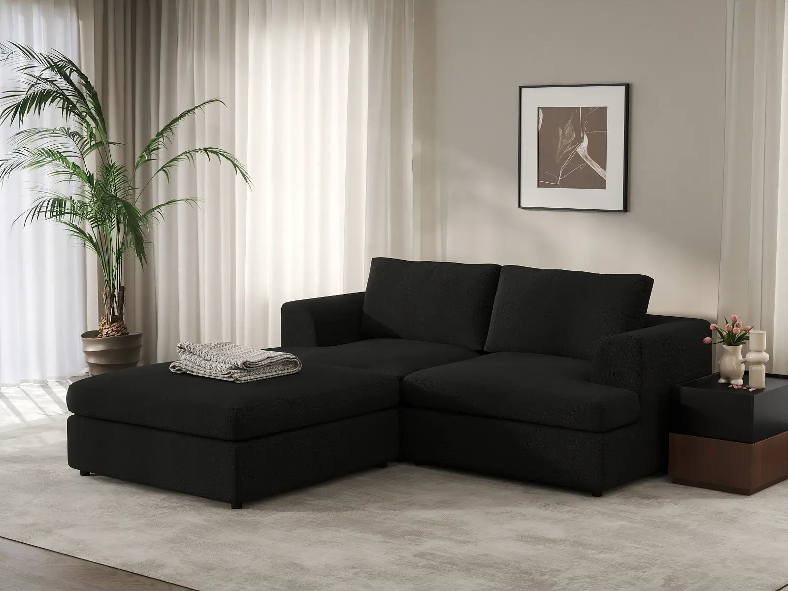 Deluxe Cloud 2-Seater Black Chaise Sectional | 3-Piece (Includes 1 Ottoman), Bouclé Sherpa-Like Fabric, Washable Cushion Covers