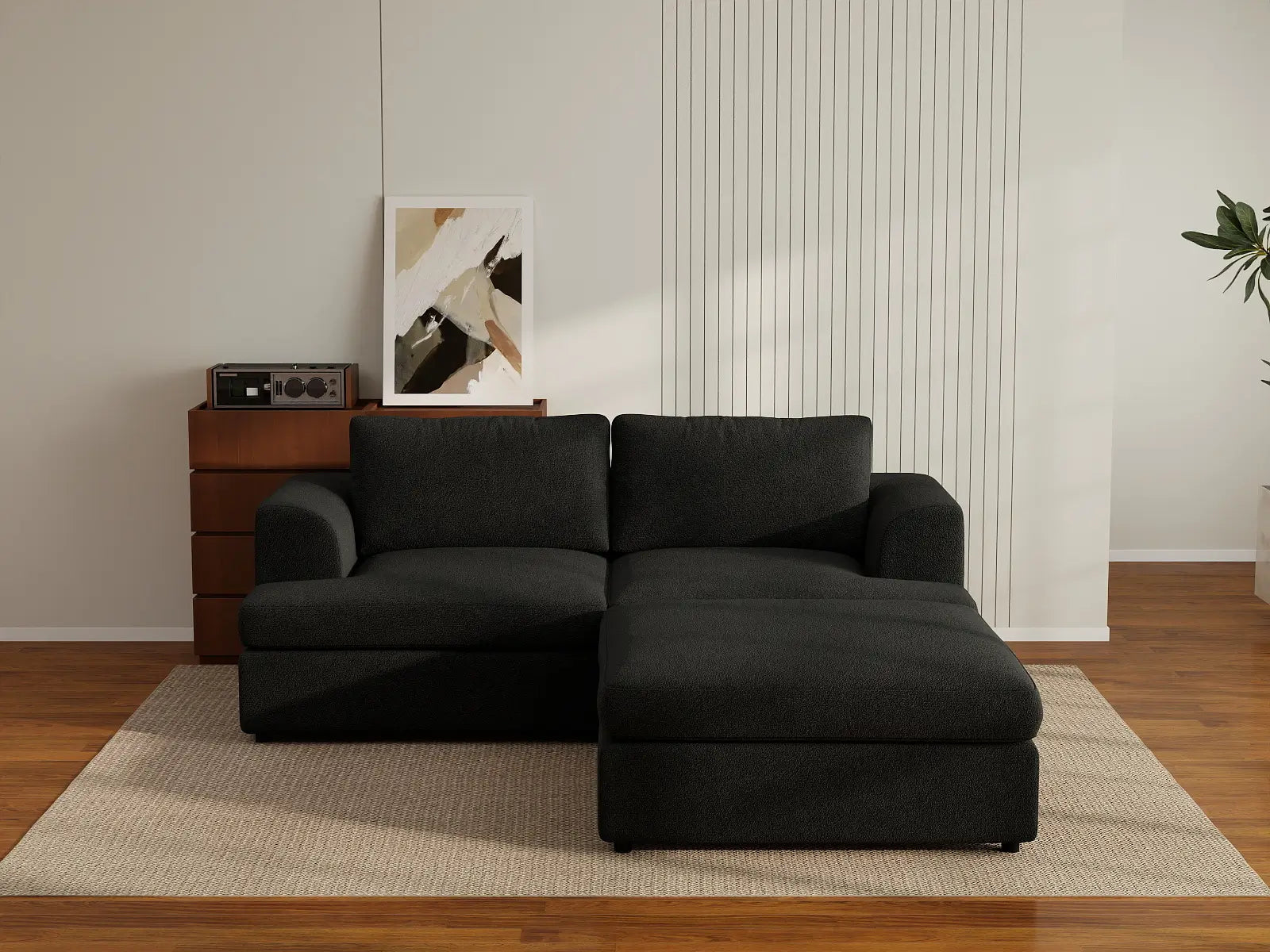 Deluxe Cloud 2-Seater Black Chaise Sectional | 3-Piece (Includes 1 Ottoman), Bouclé Sherpa-Like Fabric, Washable Cushion Covers