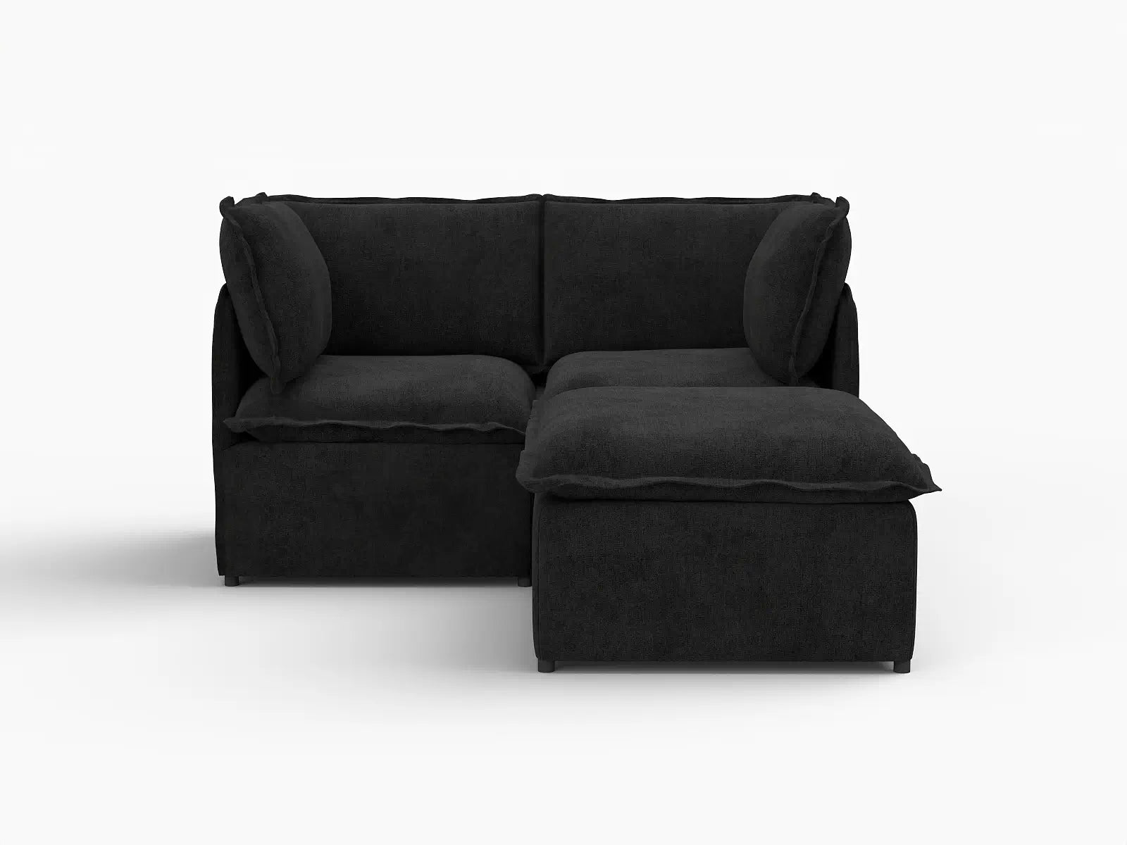 Deluxe Cloud 2-Seater Black Chaise Sectional | 3-Piece (Includes 1 Ottoman), Linen Look Poly Fabric, Washable Cushion Covers