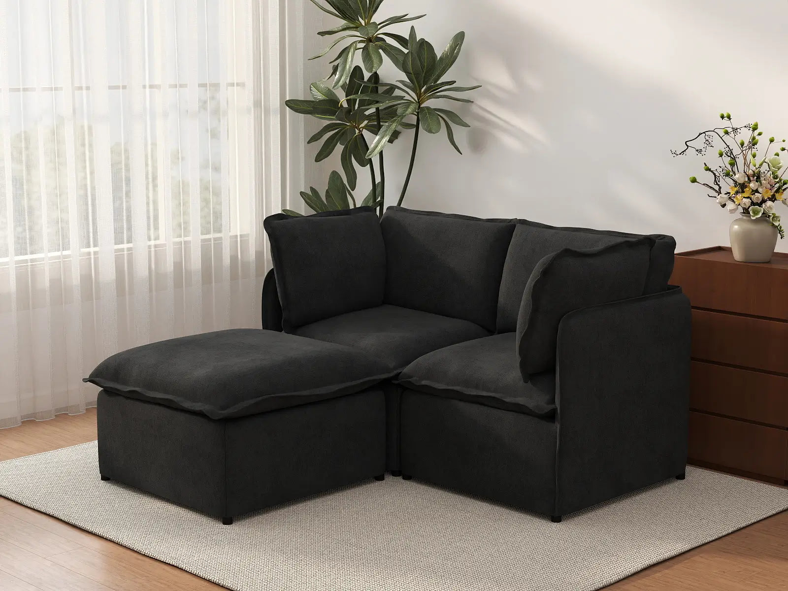 Deluxe Cloud 2-Seater Black Chaise Sectional | 3-Piece (Includes 1 Ottoman), Linen Look Poly Fabric, Washable Cushion Covers
