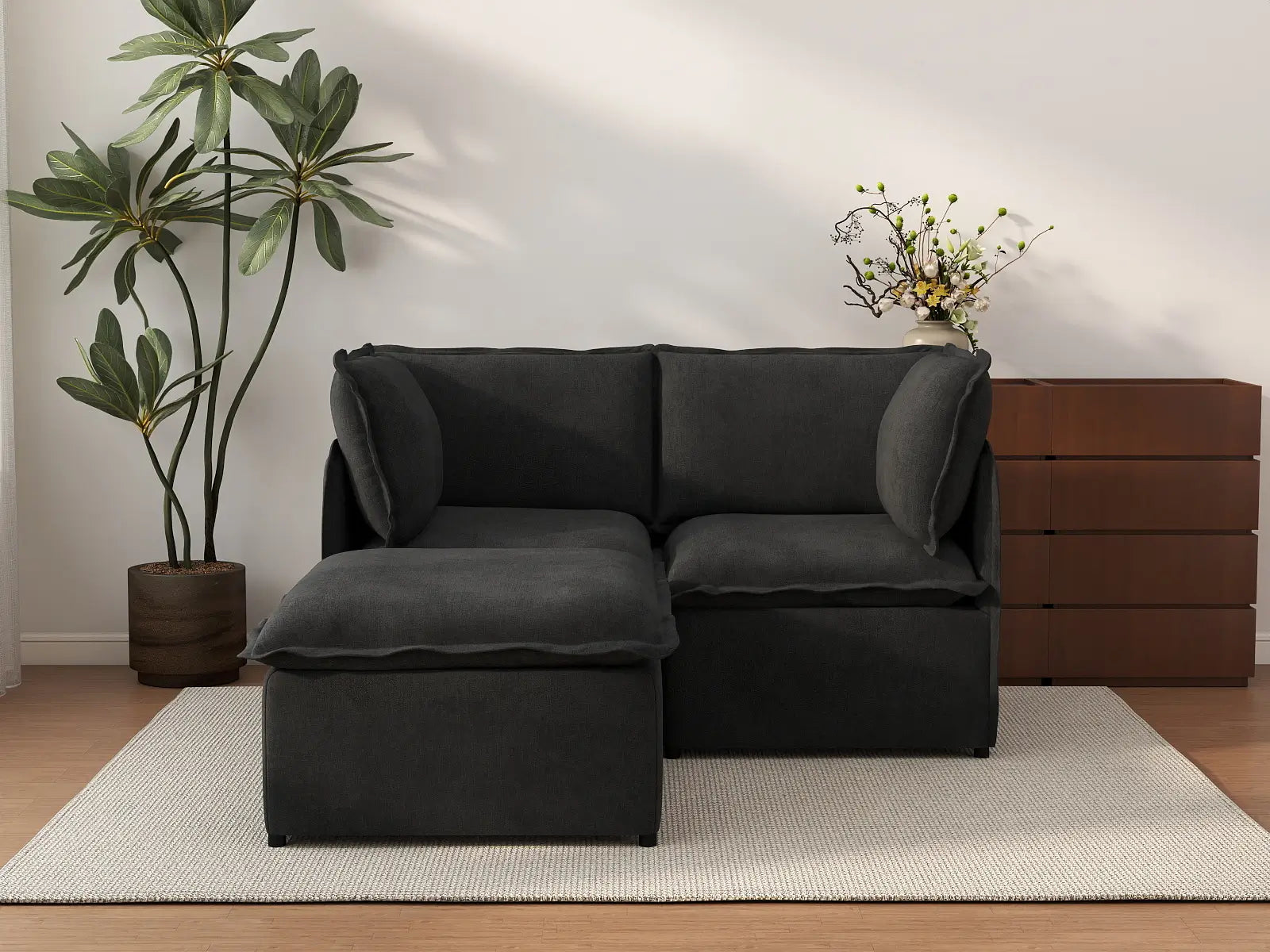 Deluxe Cloud 2-Seater Black Chaise Sectional | 3-Piece (Includes 1 Ottoman), Linen Look Poly Fabric, Washable Cushion Covers